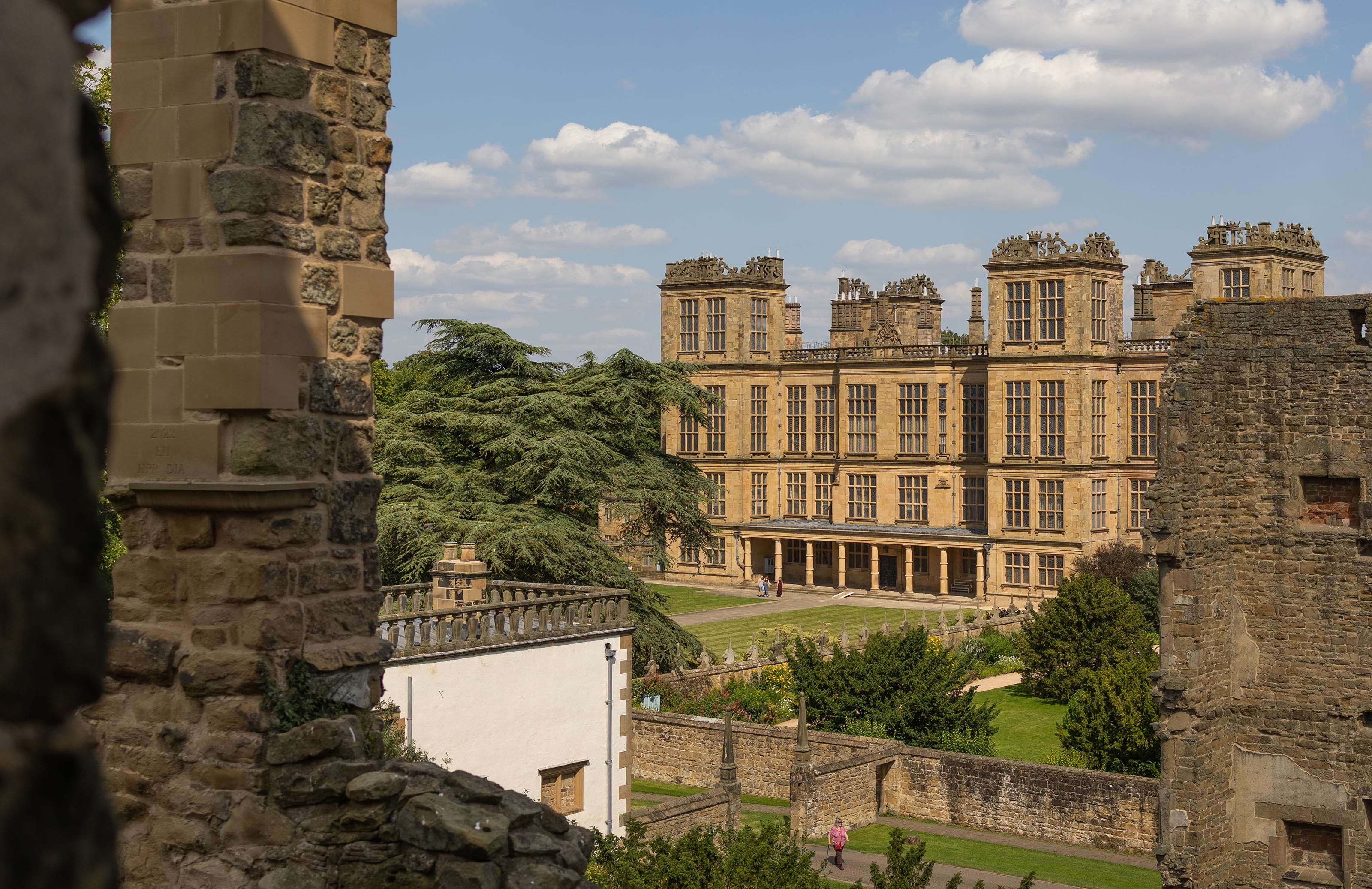 A view to Hardwick Hall, an Elizabethan house from the ruins of the old hall on the same site