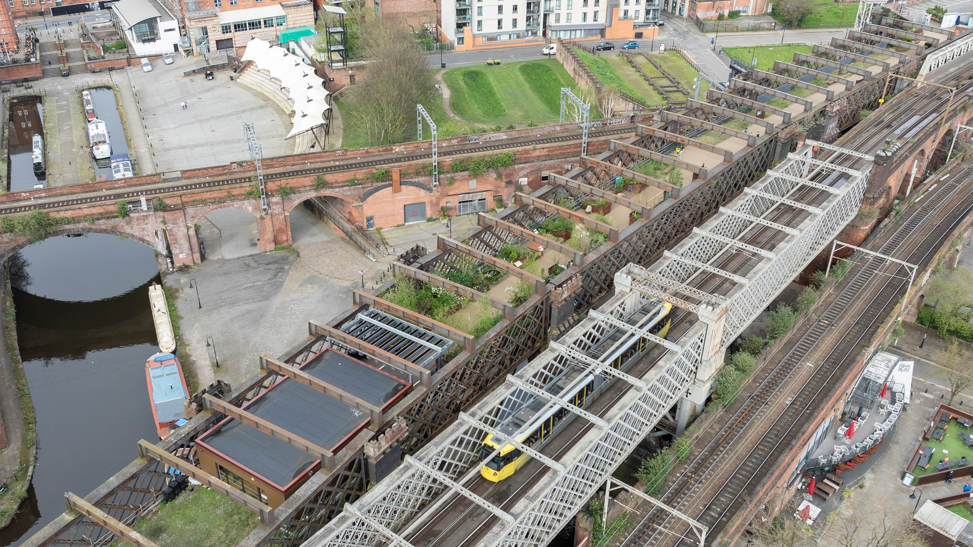 Aerial view of the castlefield viaduct which has been turned into a sky park