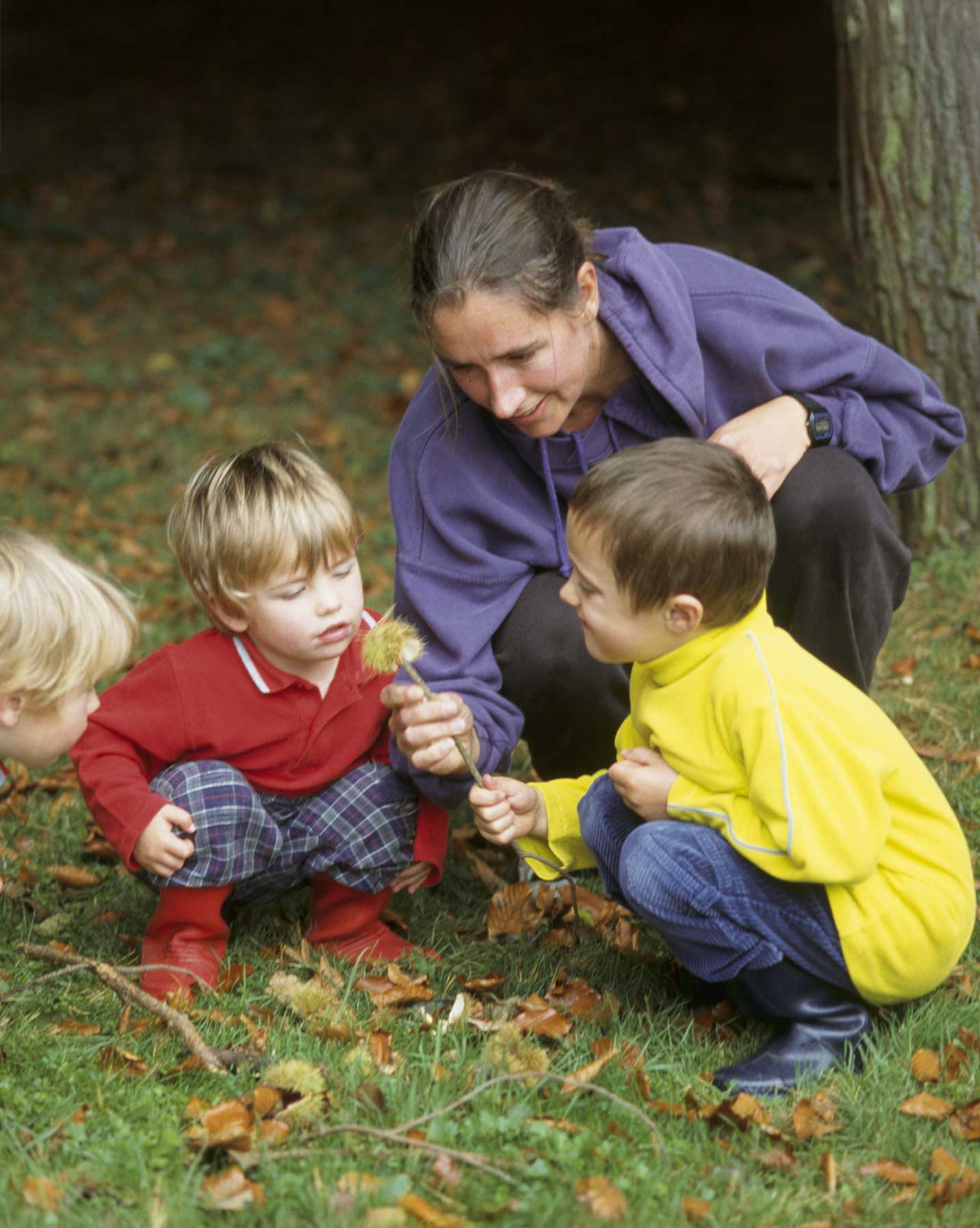 A family crouched in woodland holding a dandelion