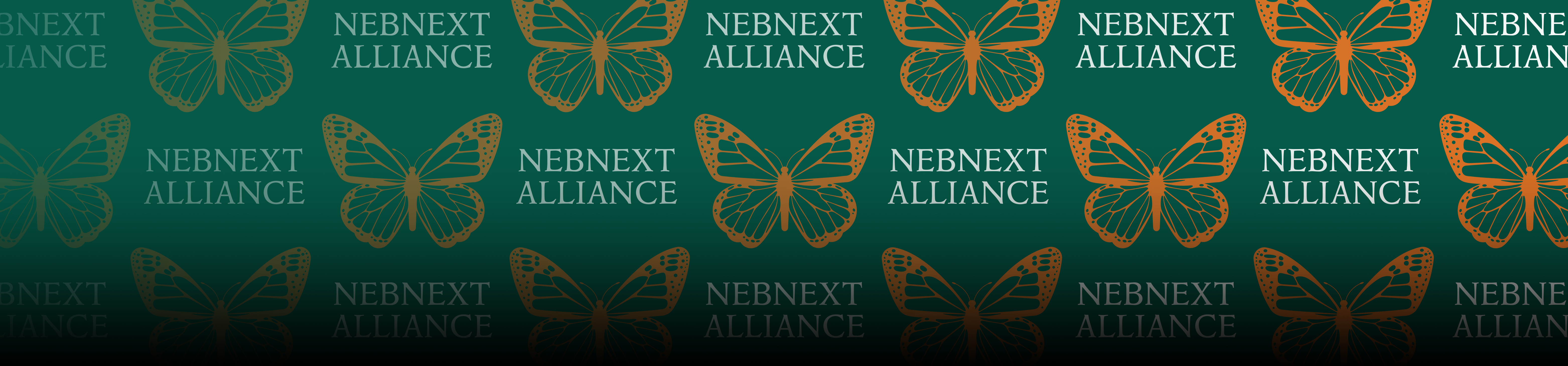 Pattern of orange butterflies with NEBNext Alliance logo