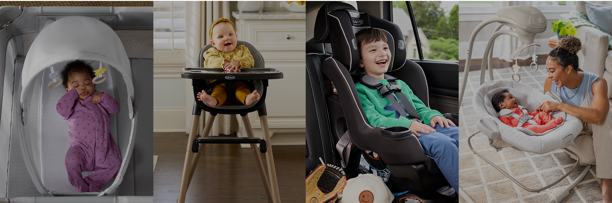 collage image featuring baby sleeping in bassinet, baby in highchair, child in car seat, and baby in swing