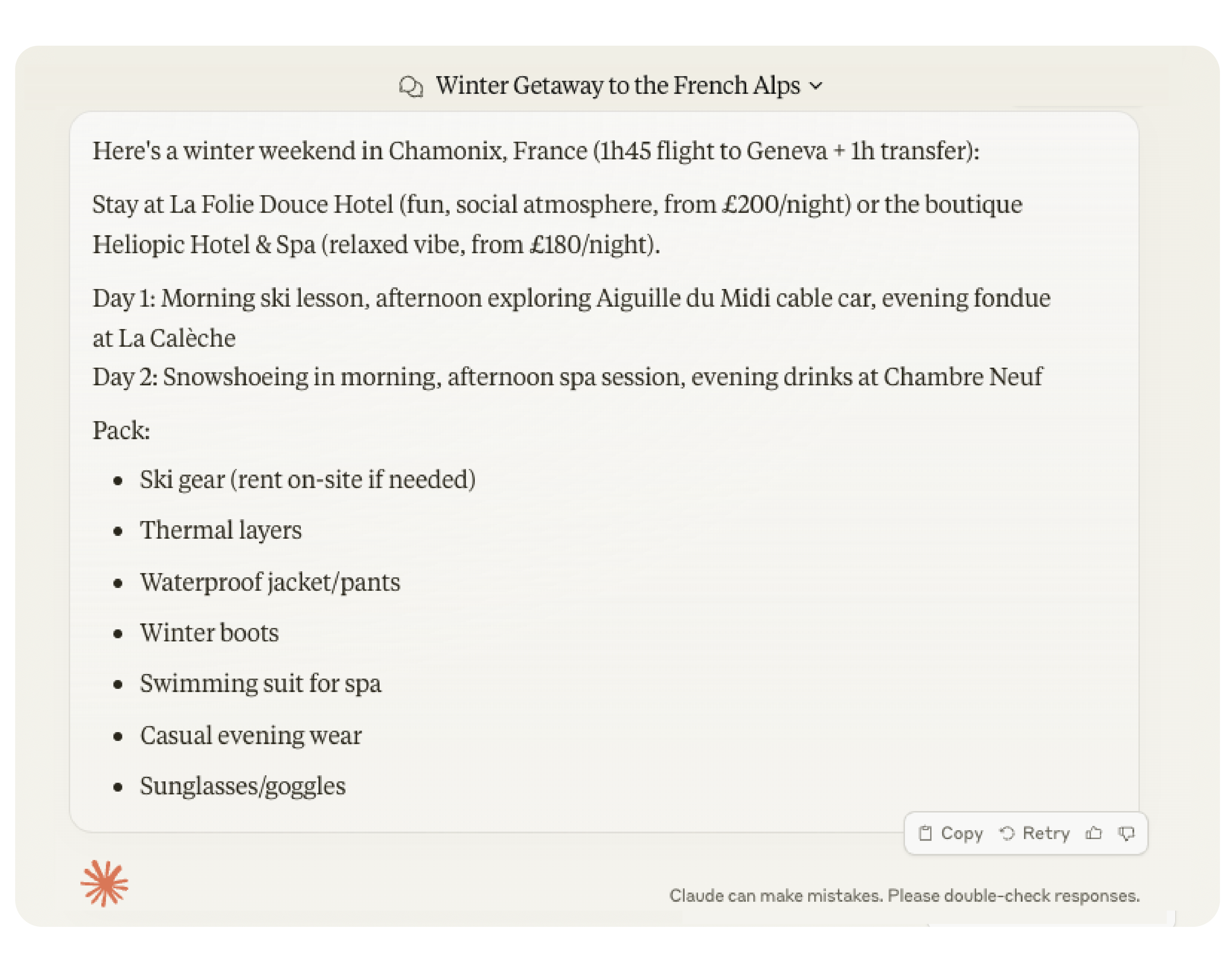 Winter Getaway list example from Claude