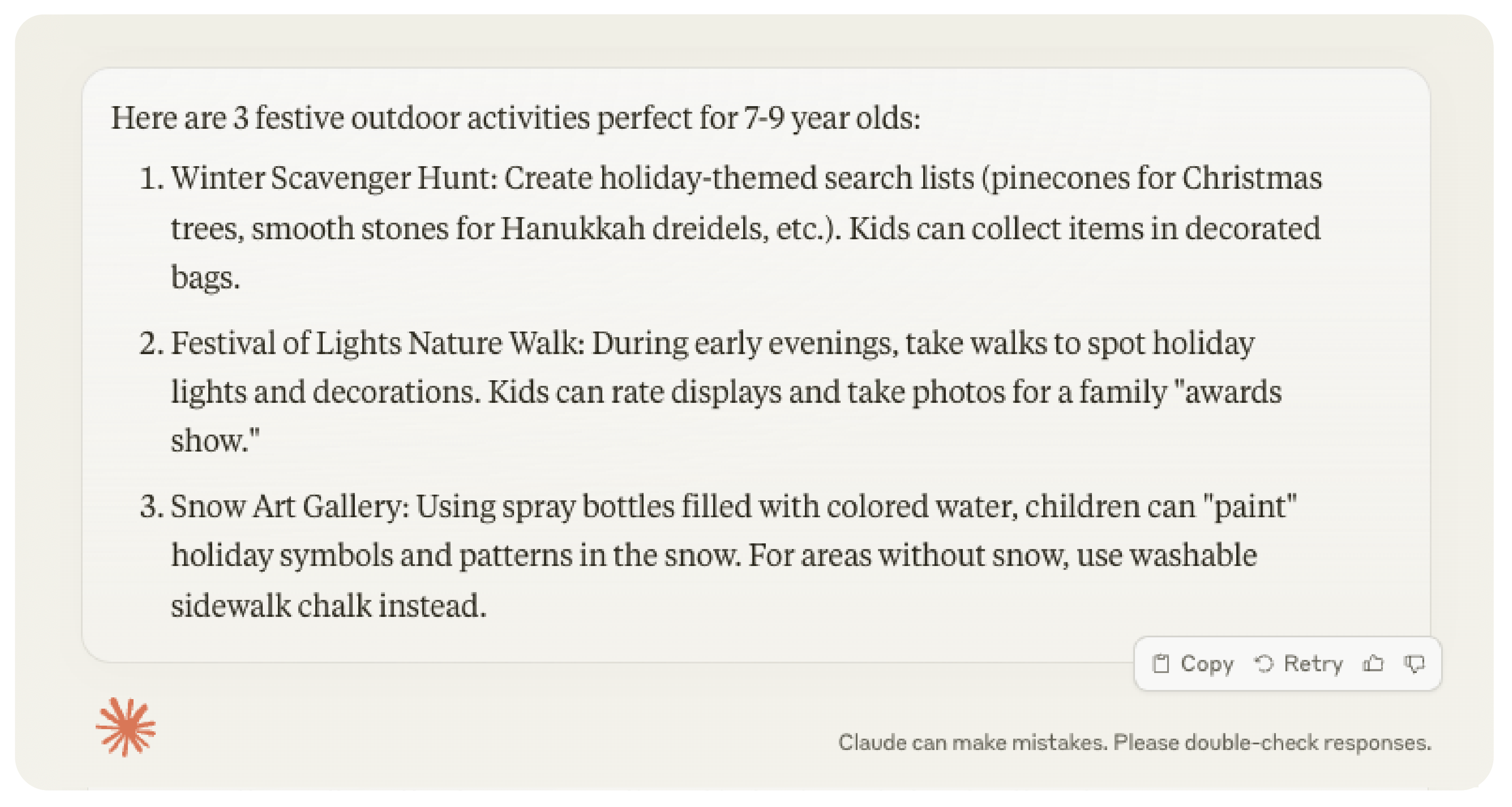 Holiday themed activities answer from Claude