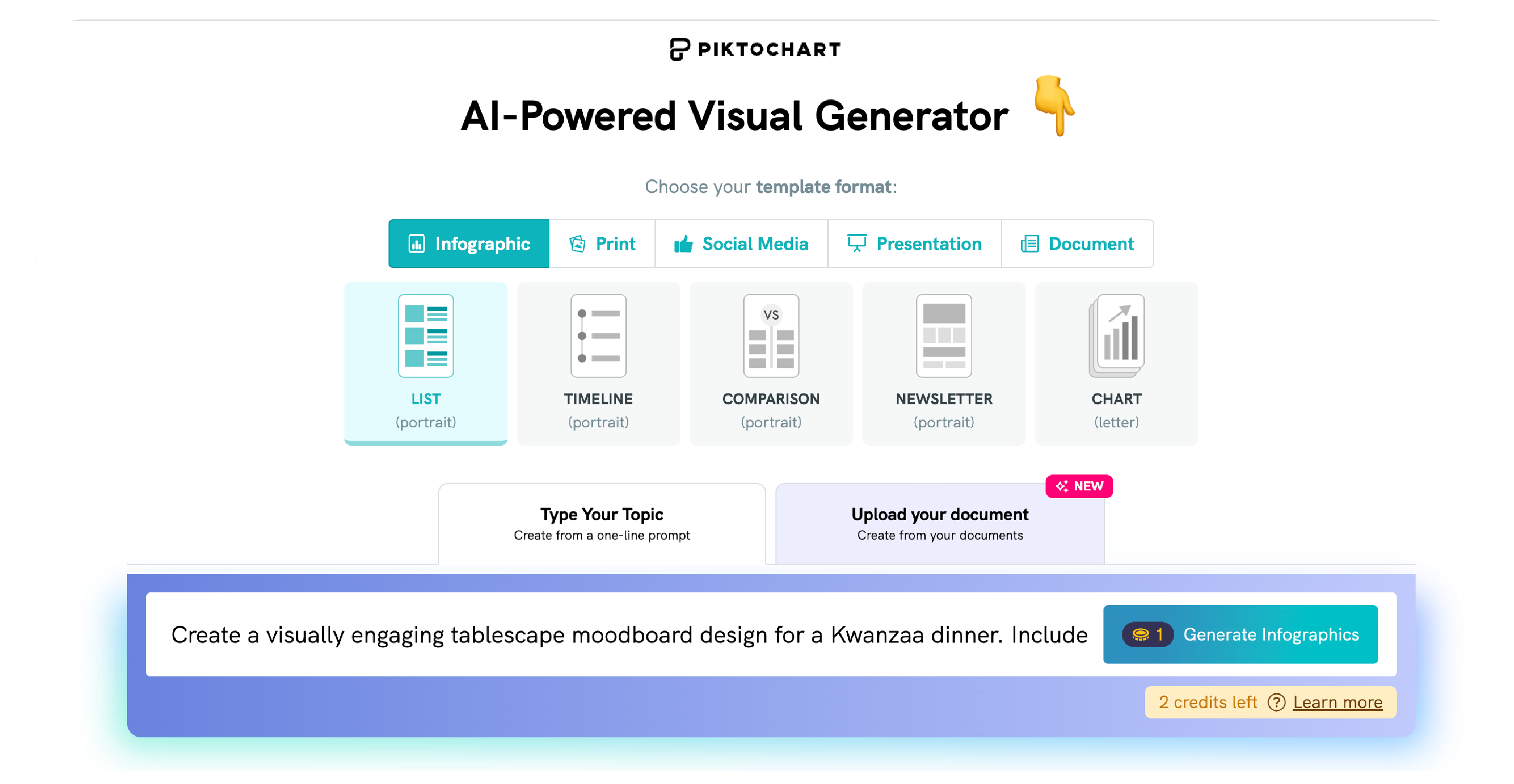 Image of Piktochart's prompt page