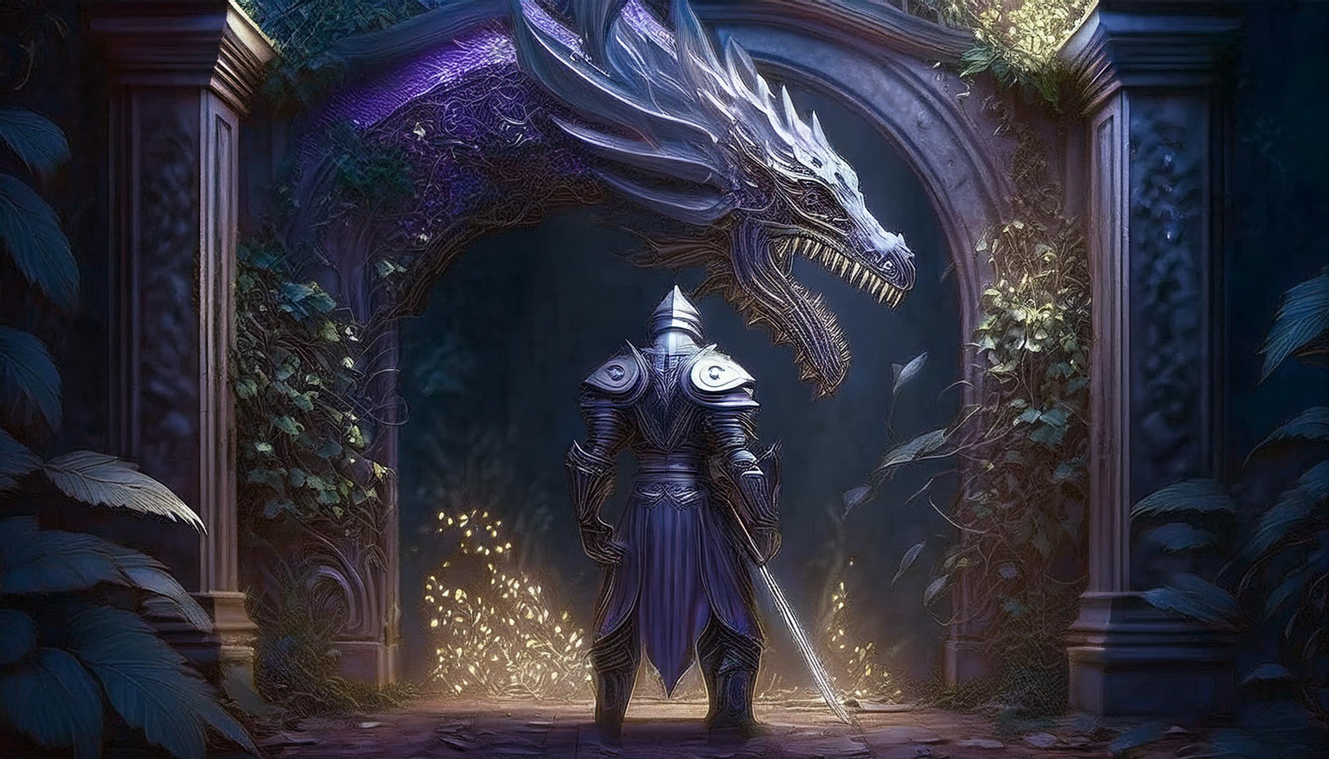 Dragons flying towards a knight standing on a cliff