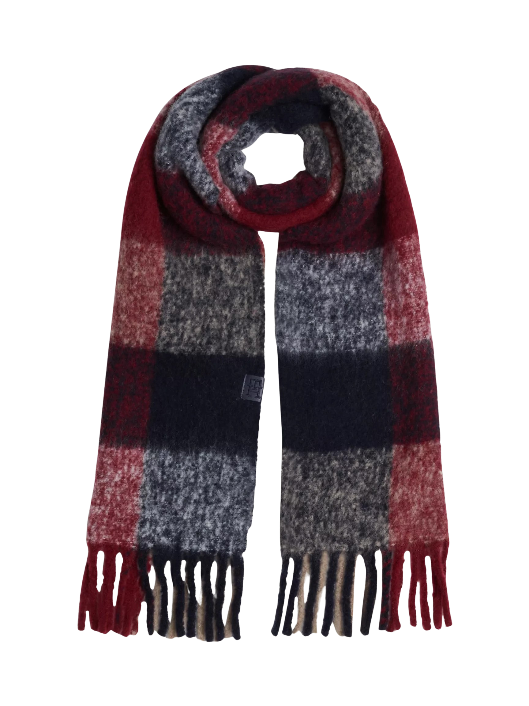 A red and navy blue checker-printed scarf.