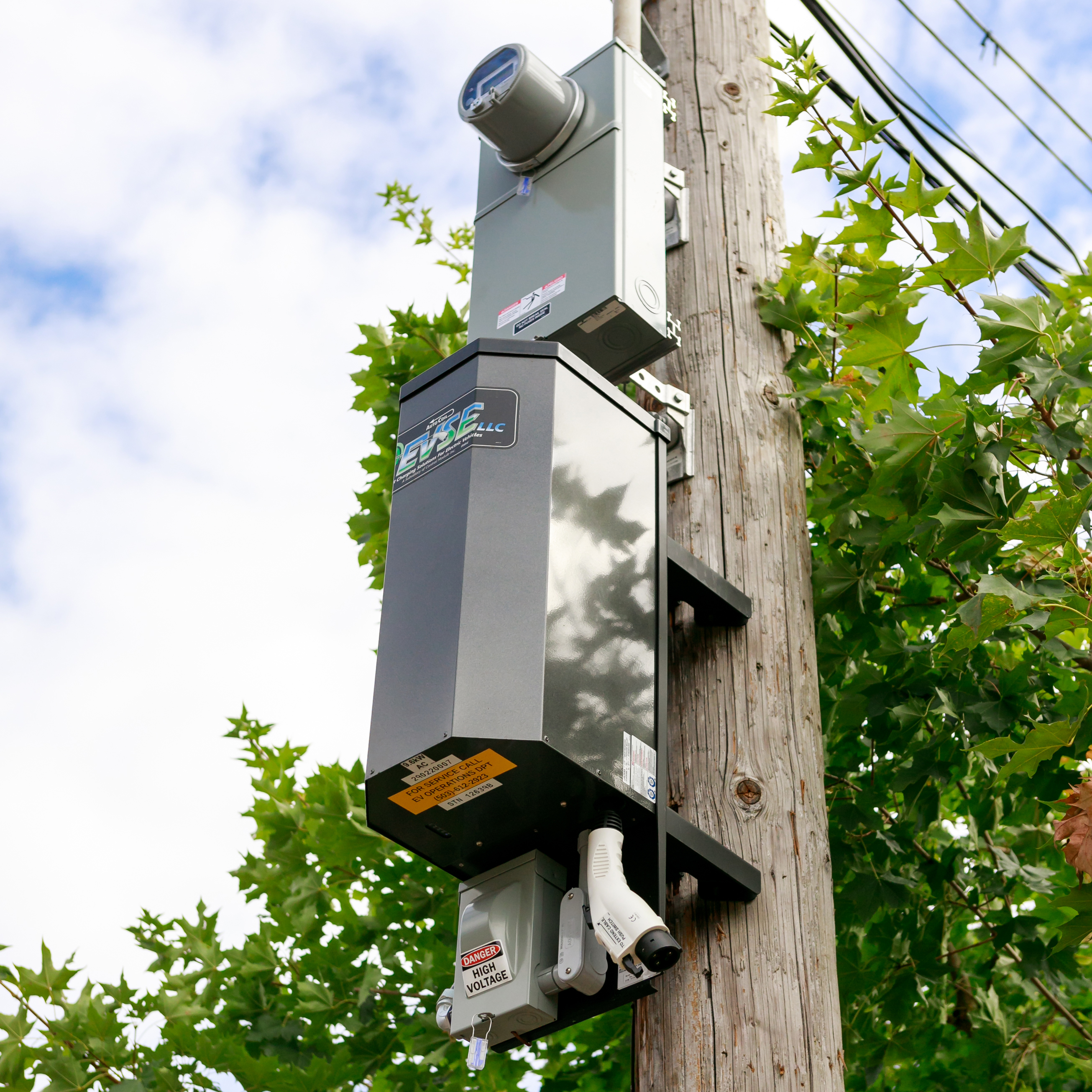 PGE pole-mounted EV charger installed on a utility pole as part of the neighborhood charging program. 