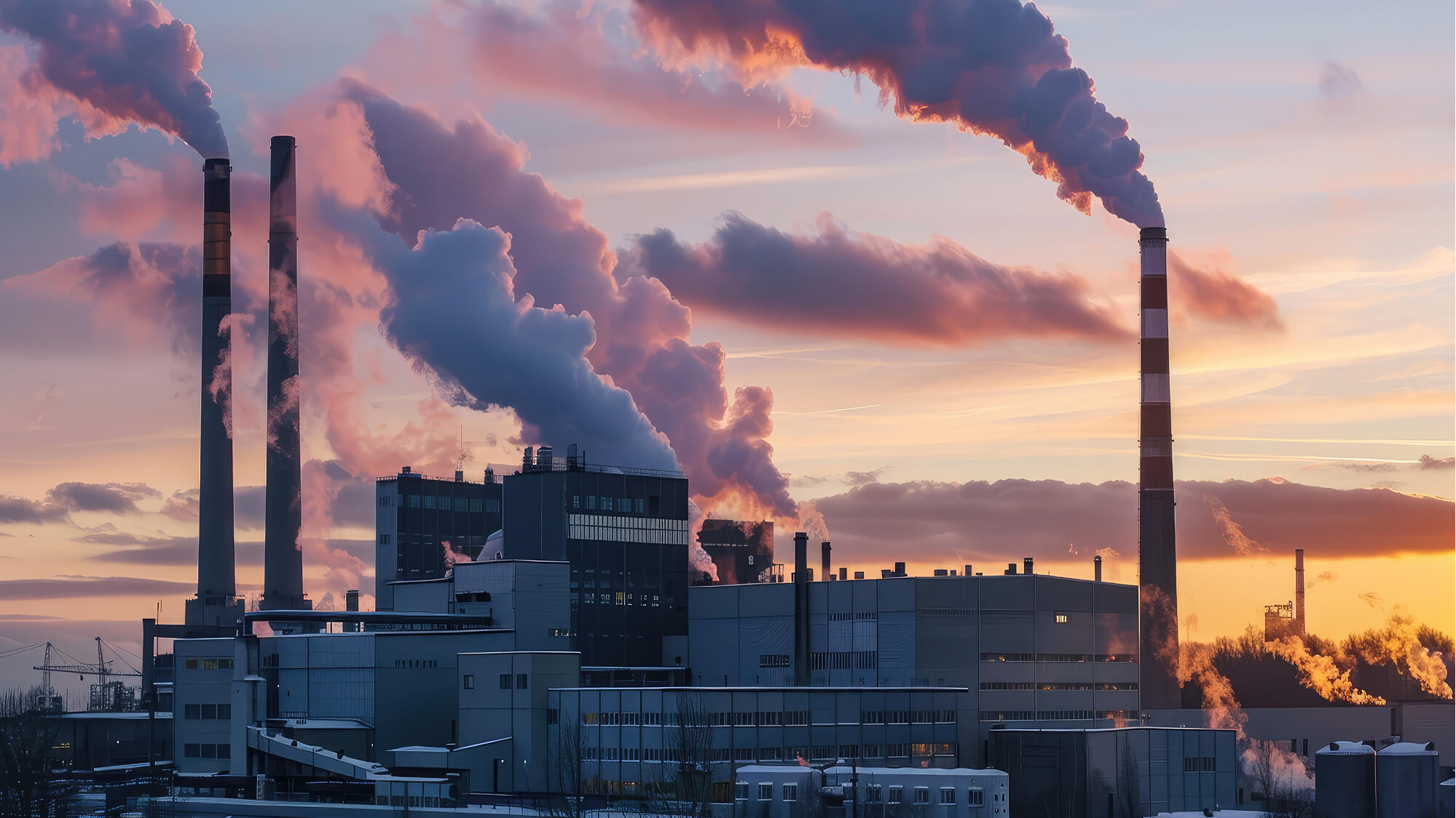 An industrial facility with multiple smokestacks emitting large plumes of smoke into the sky. The scene is set against a backdrop of a colorful sunset, highlighting the contrast between industrial activity and the natural environment. This visual suggests themes of industrialization, pollution, and environmental impact.