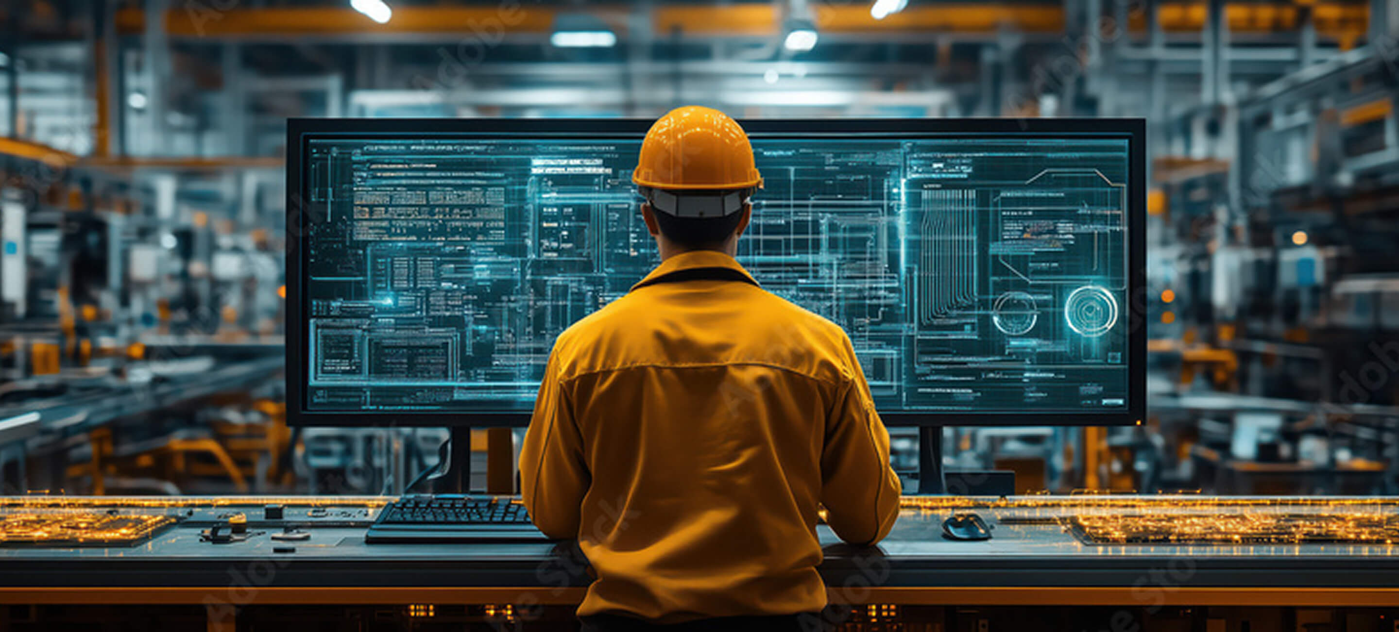 A worker in a manufacturing or industrial setting, wearing a hard hat and yellow safety clothing, operating a large digital control panel or computer interface. The screen displays complex data and schematics, suggesting the use of advanced technology and automation in monitoring and managing industrial processes. The environment is likely a factory or production facility, emphasizing modern industrial operations and the integration of digital systems in manufacturing.