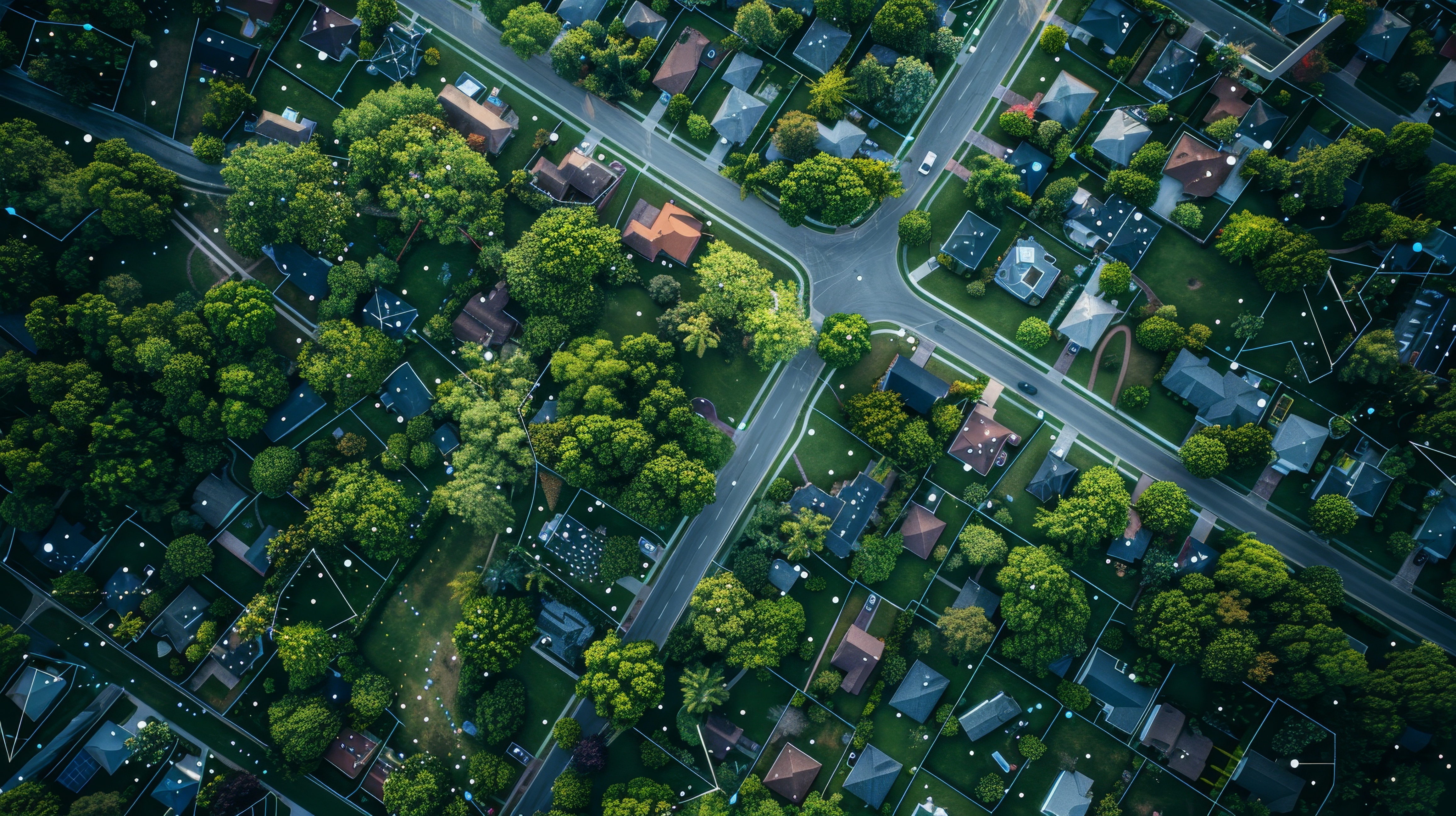 Sprawling green community with a digital city layout, smart homes, and connected infrastructure, emphasizing eco-friendly living