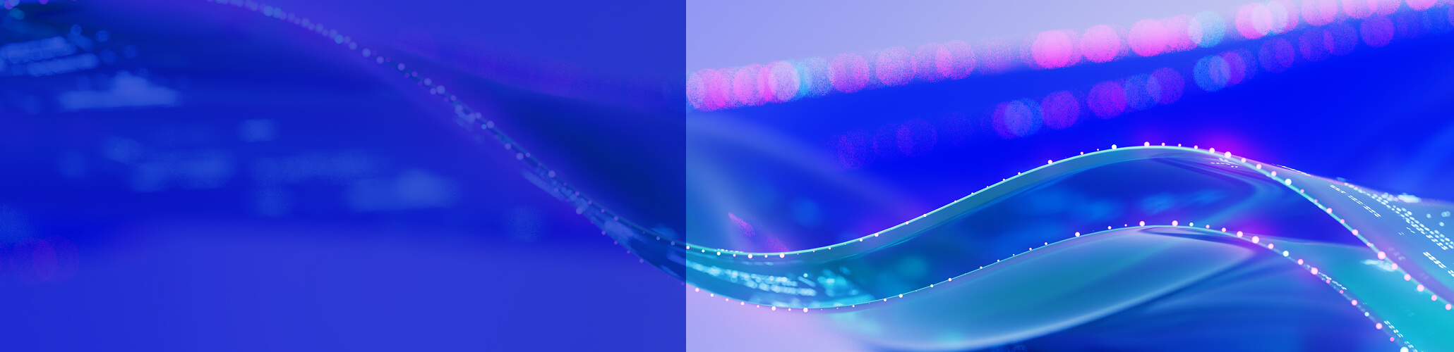 A flowing, abstract wave composed of blue and purple hues with glowing dots and light trails. The overall effect suggests a sense of digital connectivity, data flow, or futuristic technology. The smooth gradients and vibrant colors evoke themes of innovation, communication, and modern digital environments.
