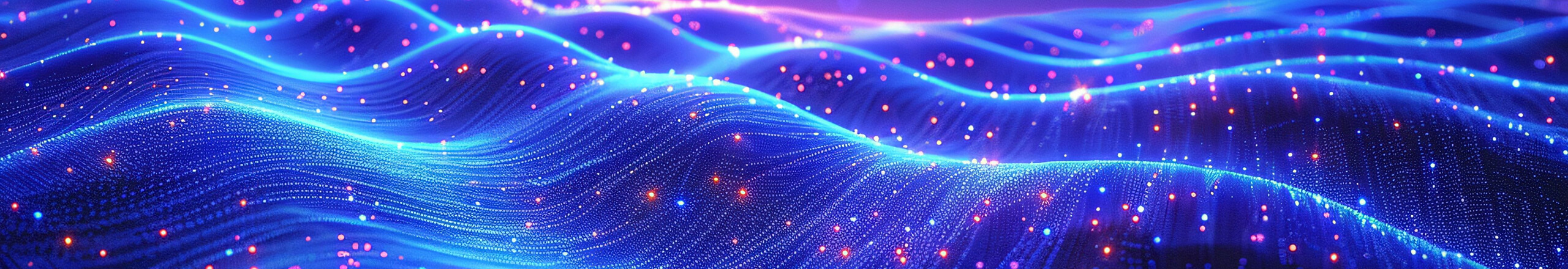 A vibrant, abstract digital landscape featuring flowing waves of bright blue light interspersed with glowing dots in various colors. The scene evokes a sense of advanced technology, data streams, or digital connectivity, suggesting themes related to information flow, networking, or futuristic digital environments.