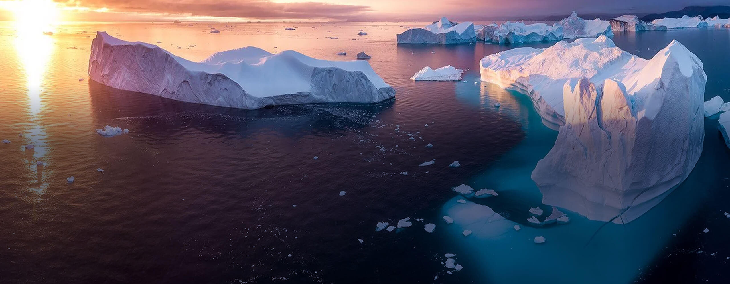 Large icebergs floating in calm water at sunset, with pink and orange light reflecting off the ice and water.