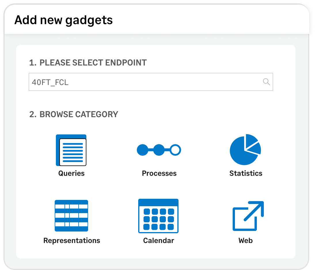 You have a library of predefined gadgets to choose from, including queries, business processes, statistics, representations, calendars, or even external web pages. 