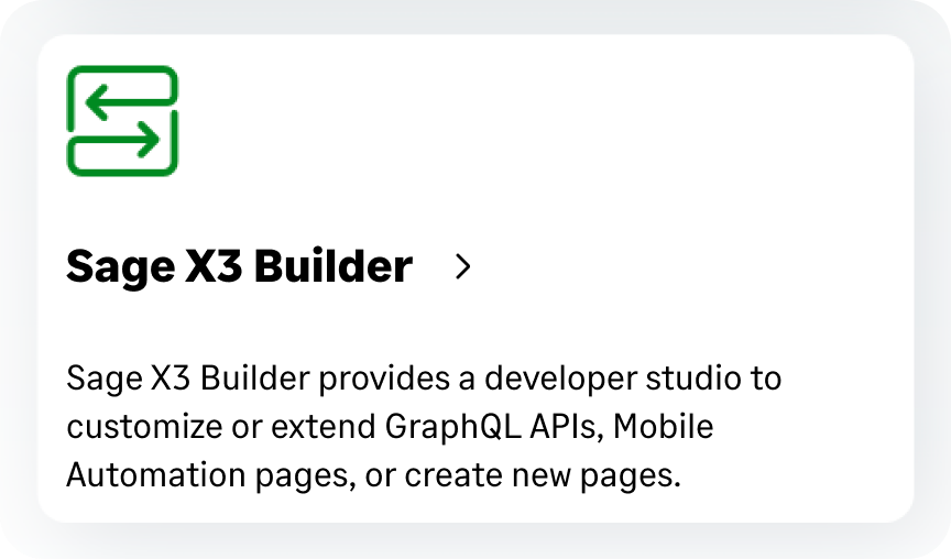 The Sage X3 Builder framework and Developer studio simplify creating and deploying customizations, APIs, third-party integrations, and even brand-new mobile apps, enhancing the system's extensibility.