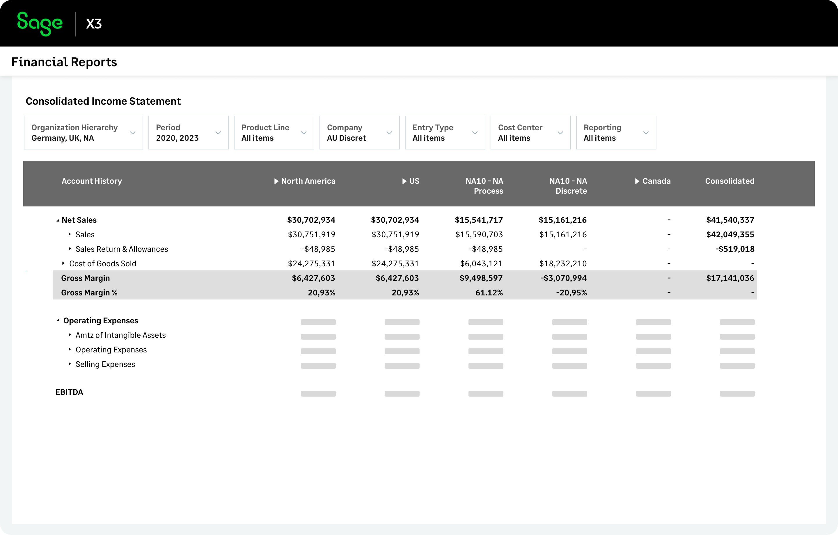 Sage X3 features consolidated financial reports, configurable to meet your business needs. 