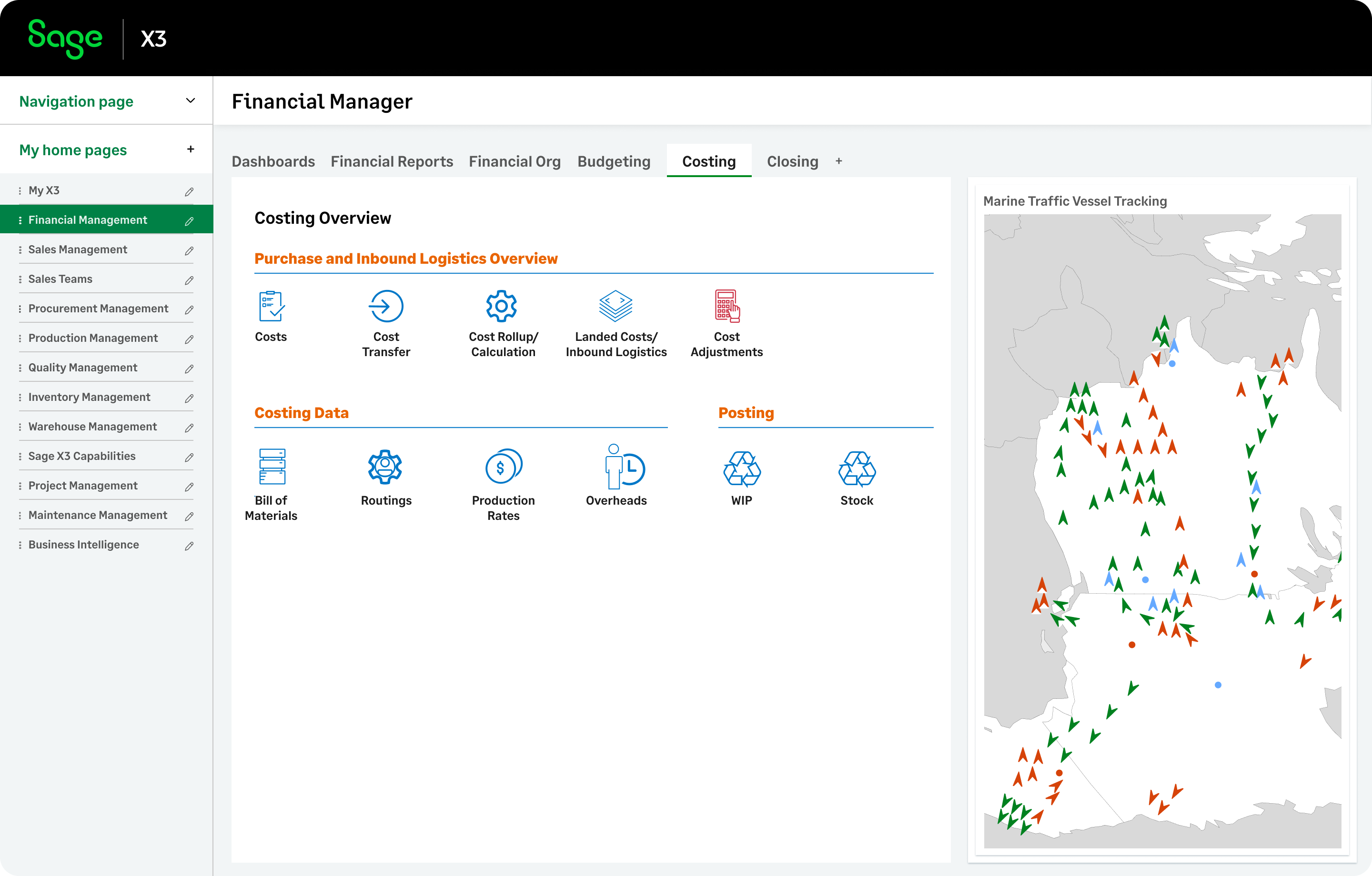 Sage X3 cost accounting capabilities handle real-time costing for all stock movements—purchases, sales, WIP, production, transfers, and stock returns.