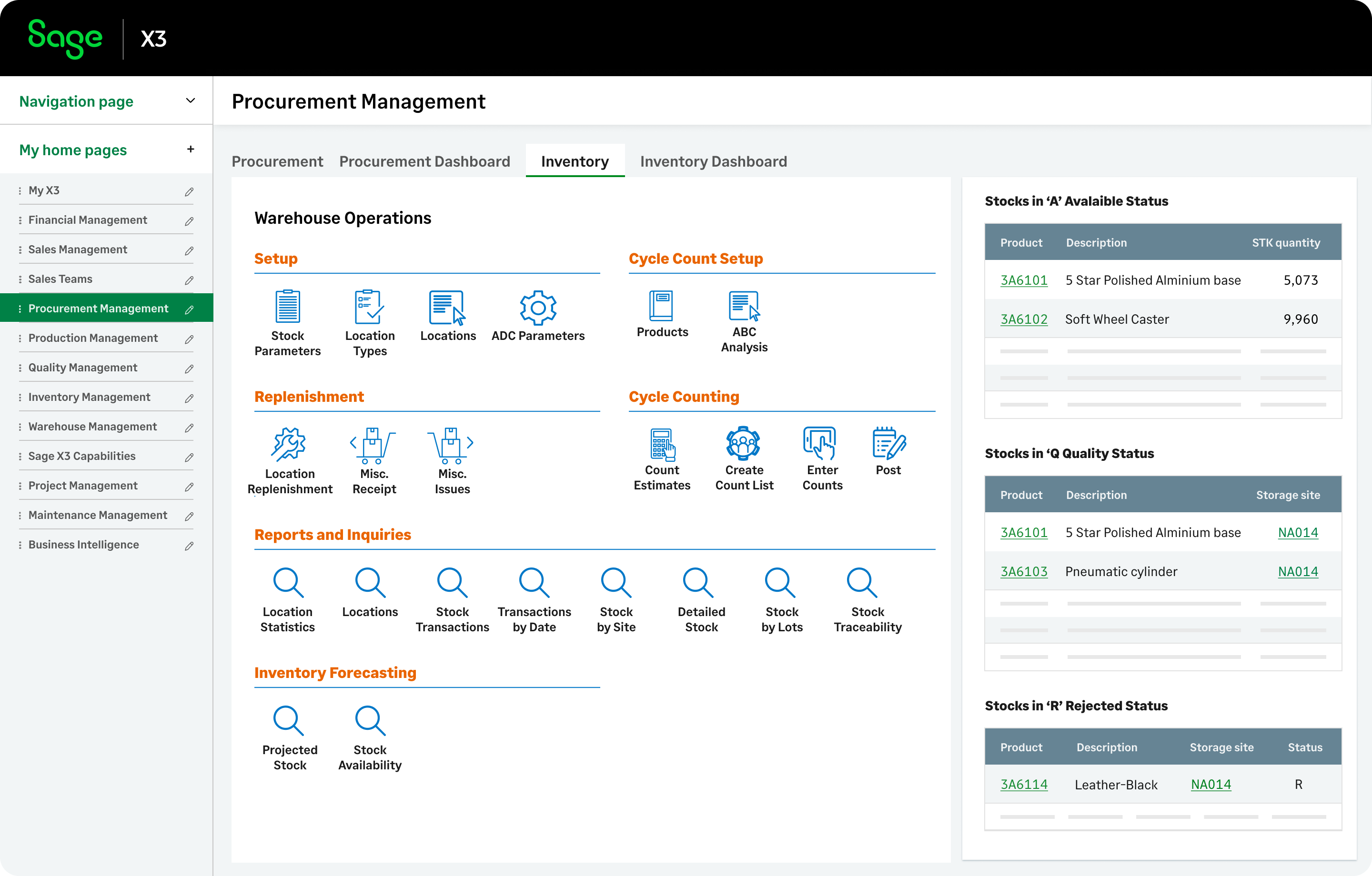 Inventory can be marked as A (Accepted), Q (Quality Control), and R (Rejected). This prevents errors and ensures only validated goods reach production.