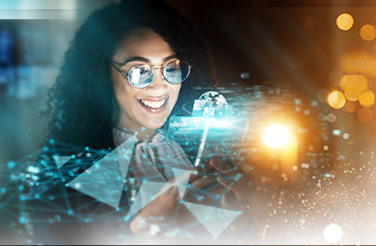 World, tablet and overlay with a business woman using an ai or ux interface to access the metaverse of data.