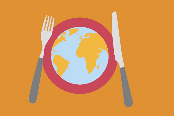 Illustration of fork and knife with a globe in the middle