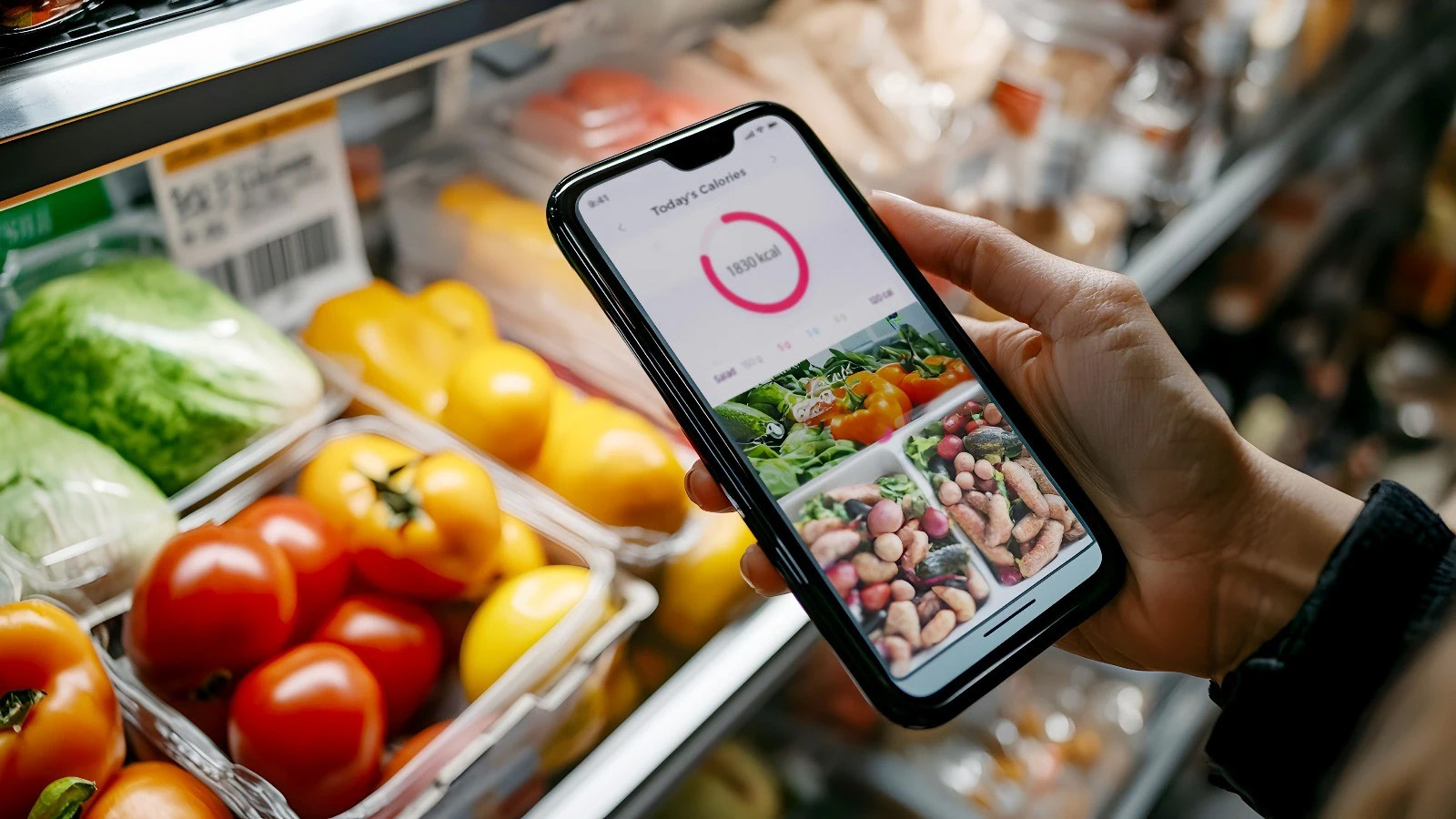 Image of person holding cell phone in a grocery store