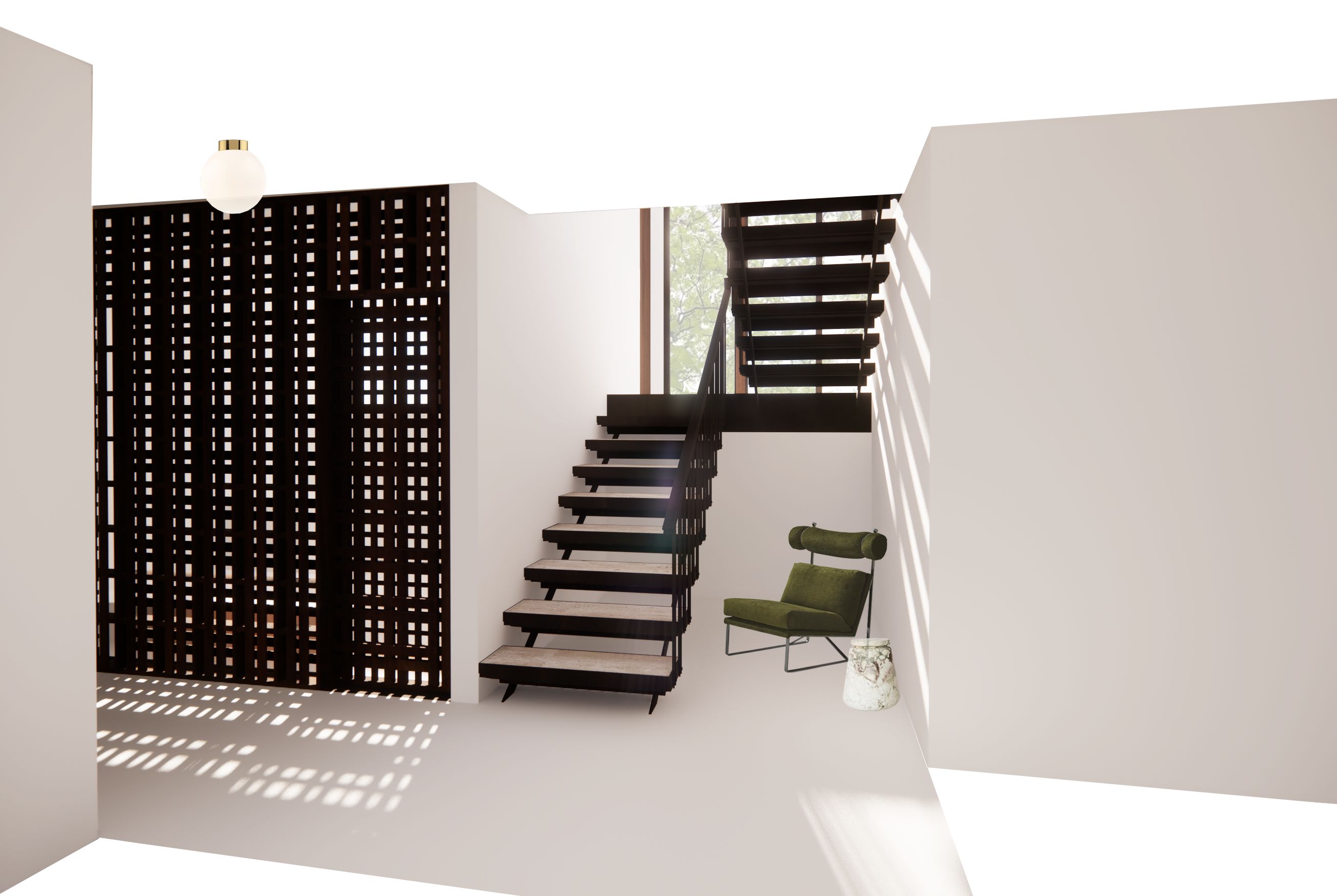 Sketches and building plans being transformed into a 3D render.