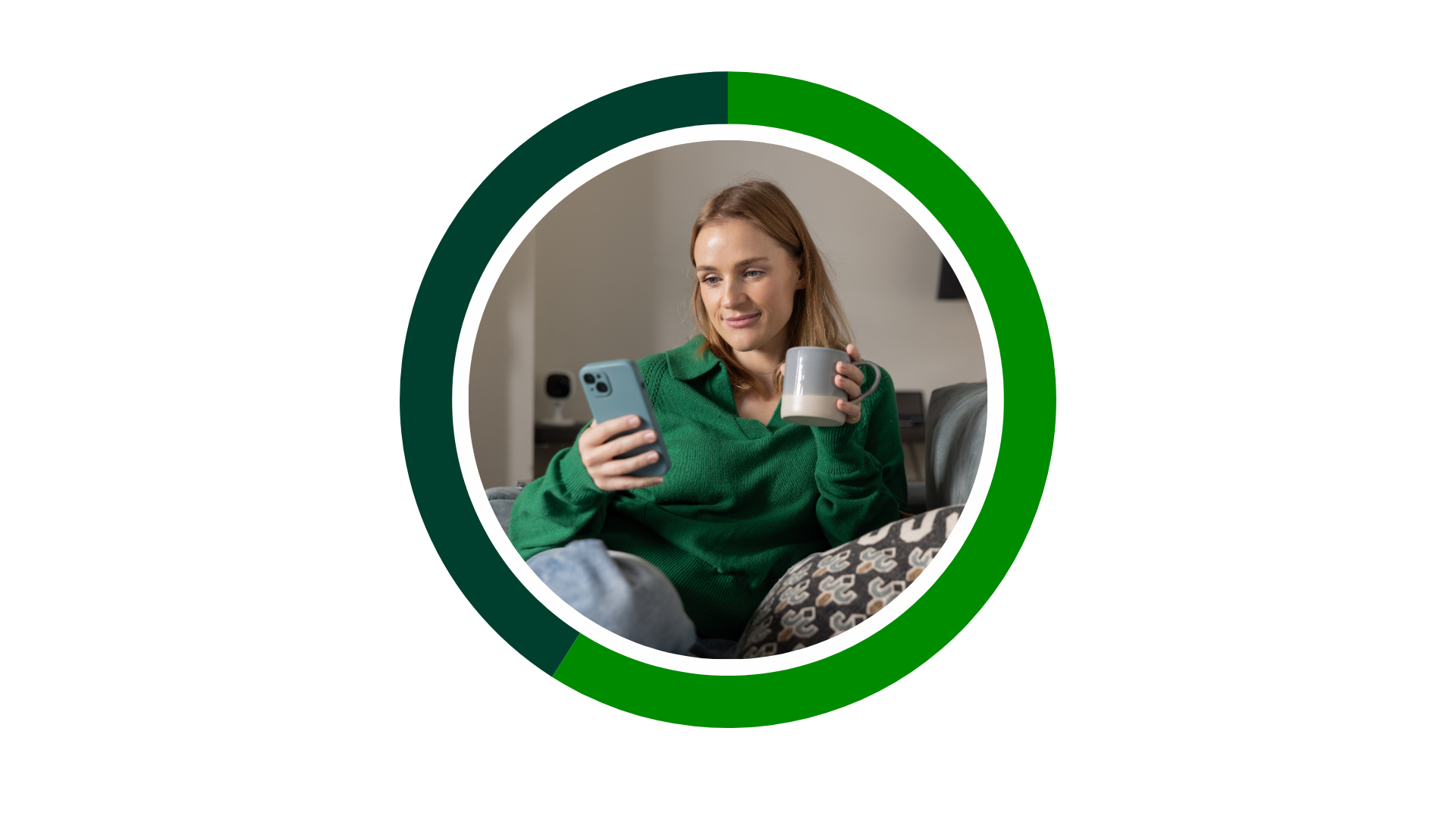 graph depicting 59% with a photo of a woman looking at her phone in the center