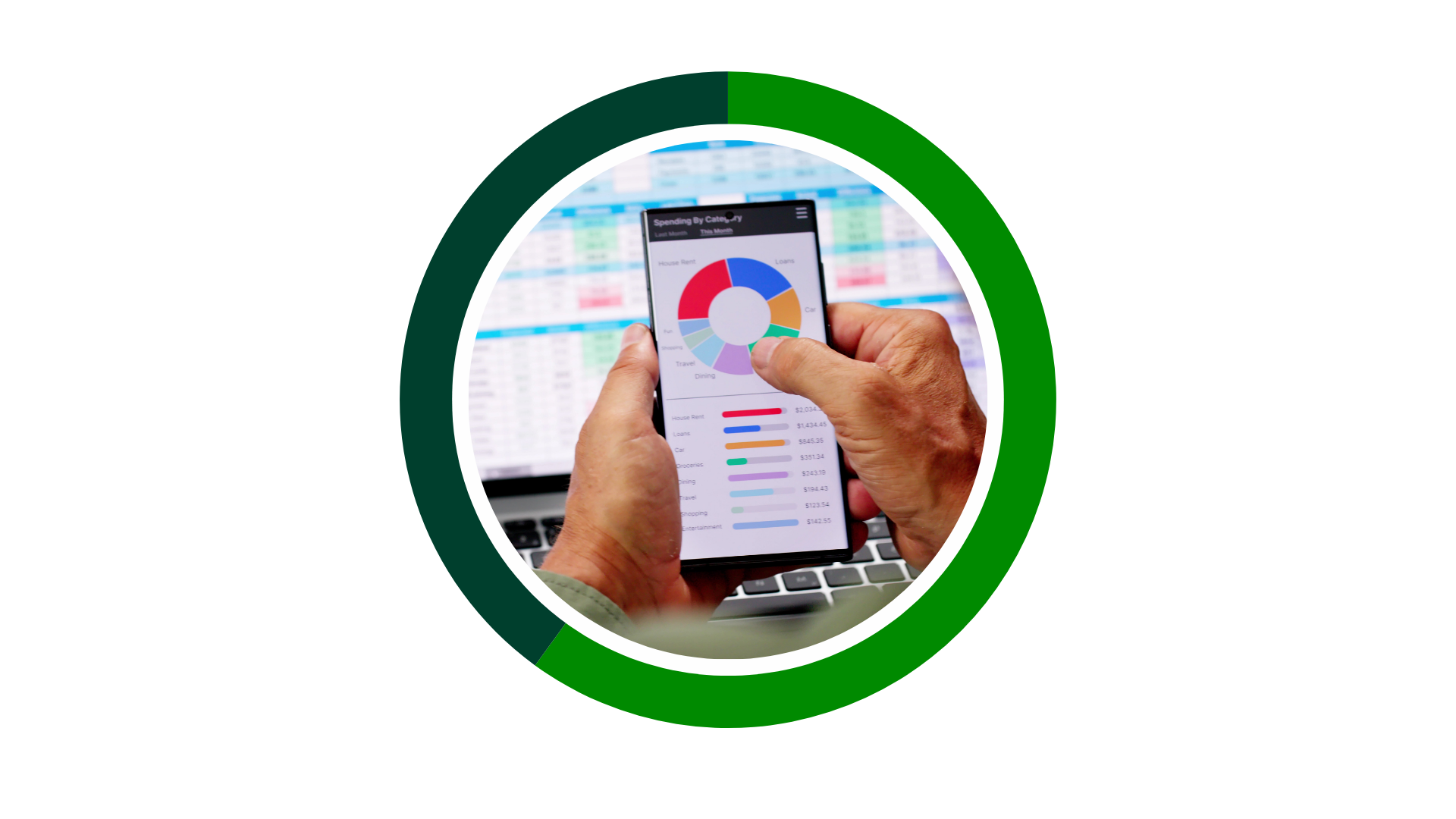graph depicting 60% with a photo of someone looking at a budgeting tool int he middl