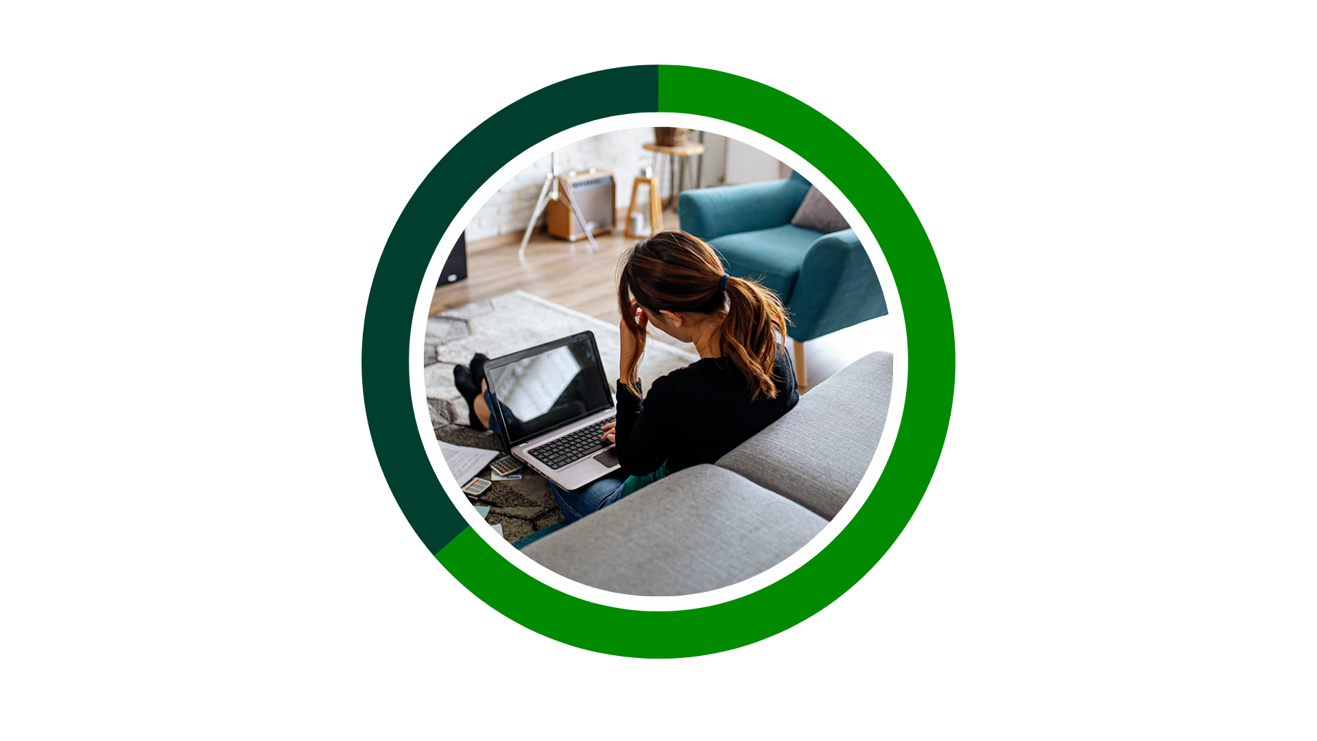 graph depicting 70% with a photo of a woman looking stressed at a laptop in themiddle 