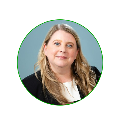 Headshot of Kaitlyn Burke: White woman with medium length blonde hair in black blazer 