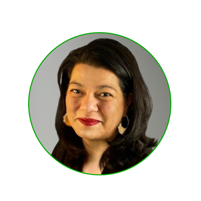 Headshot of Mandy Kelso: Woman with tan skin, long black hair, wearing a black blazer