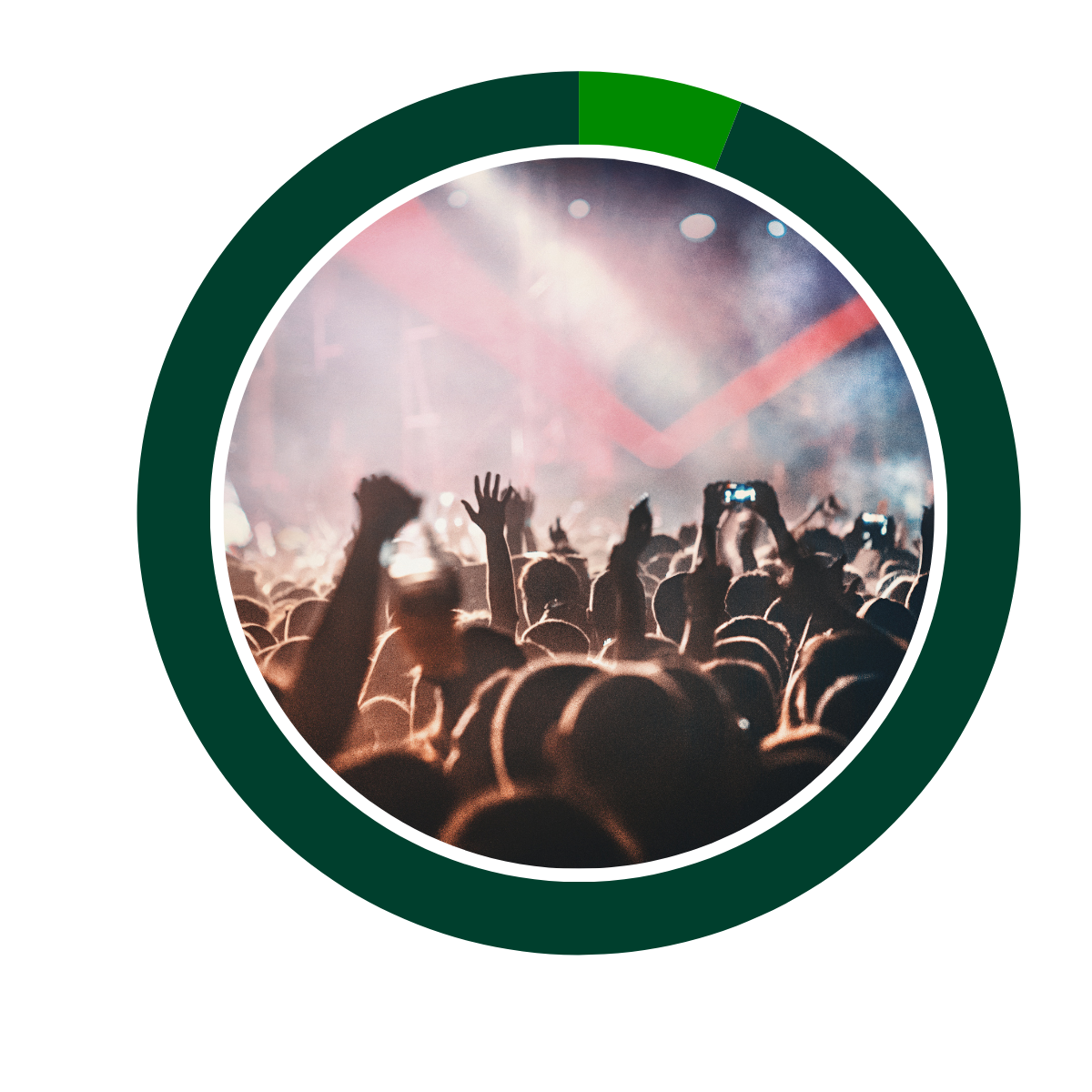 circle graph showing 6% with a photo of a concert in the middle 