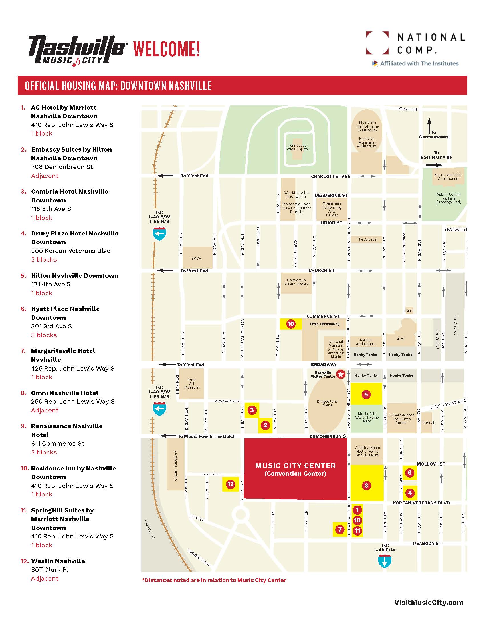 A map showing the locations of hotels around Nashville Music City.