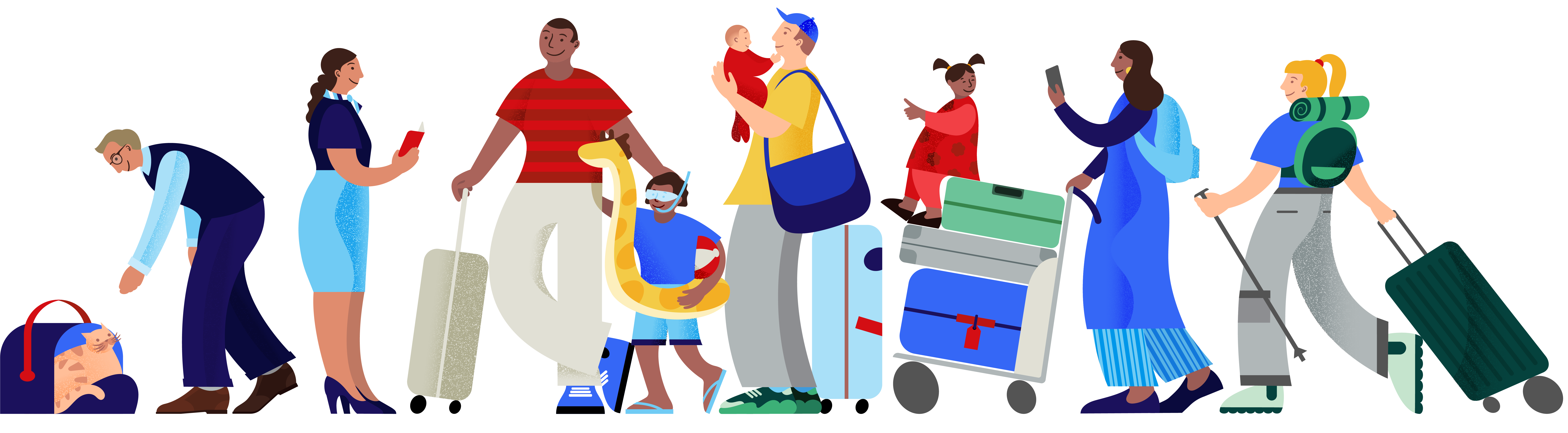 An illustration of lots of different customers with luggage