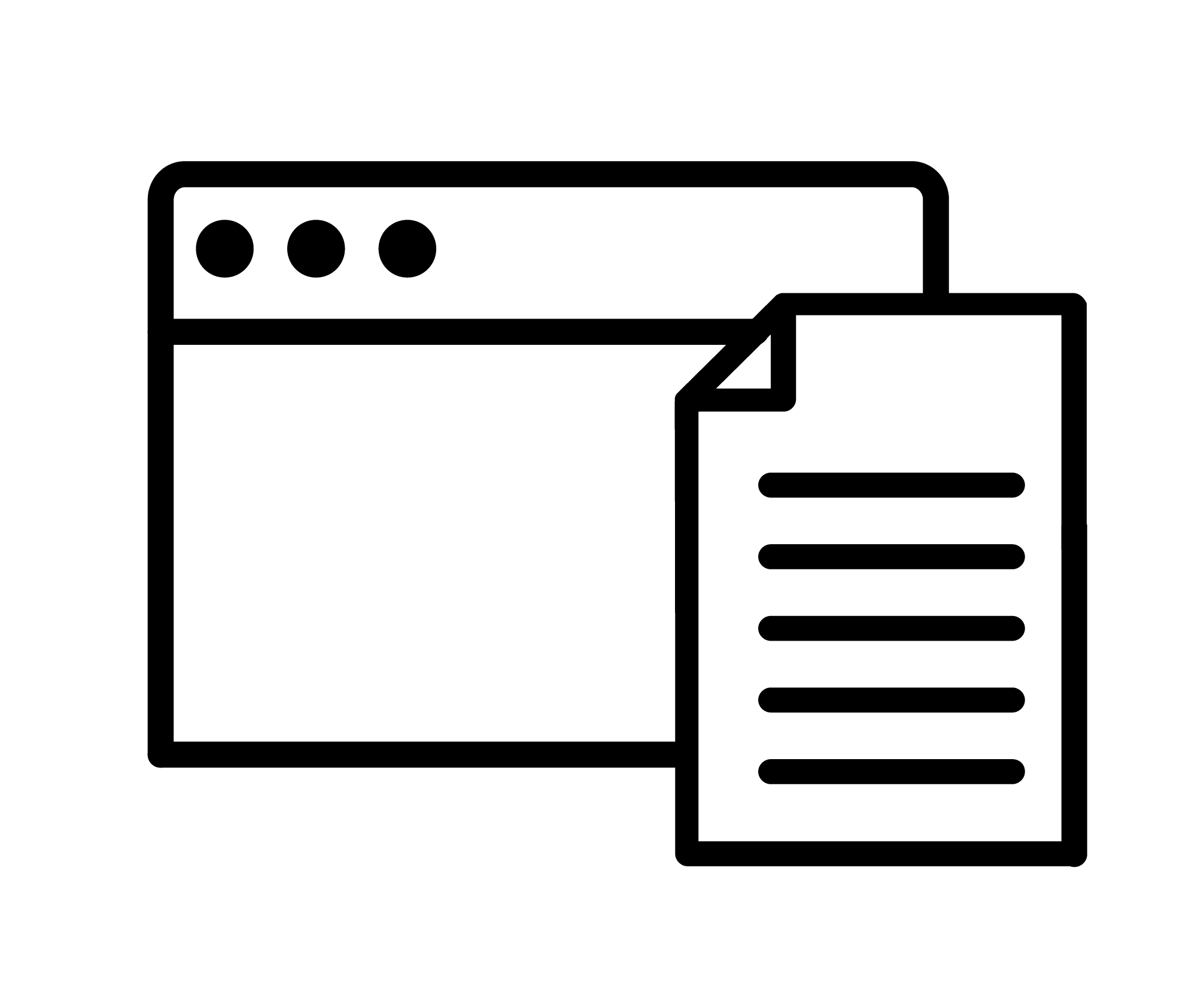black outline icon of a blank web browser screen and a piece of paper with lines on it
