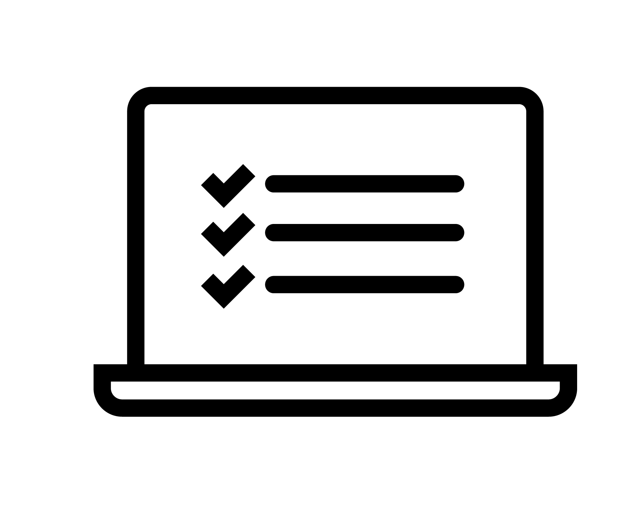 black outline icon of a laptop with three check marks on the screen