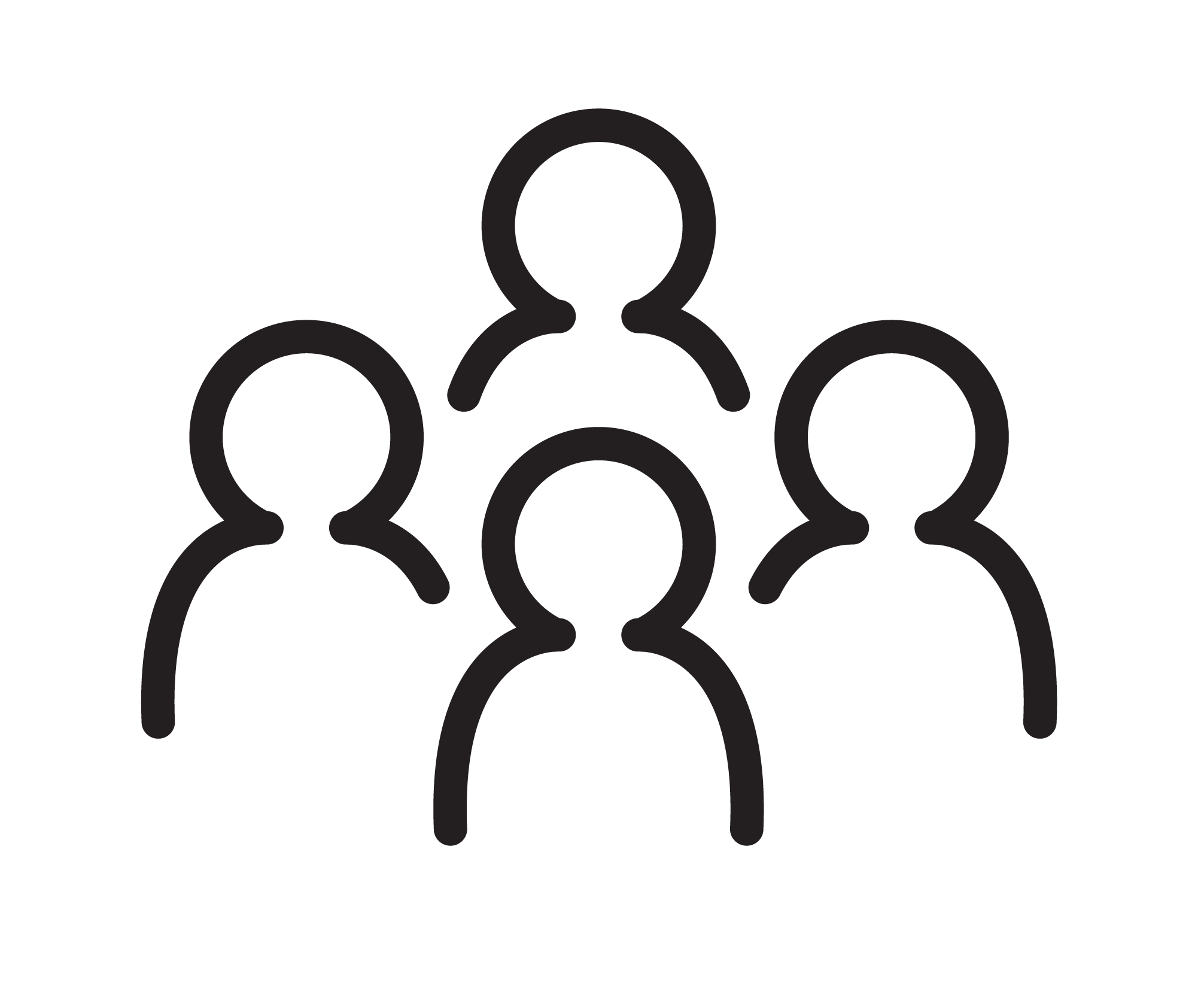black outline icon of four people that are all the same size in a group