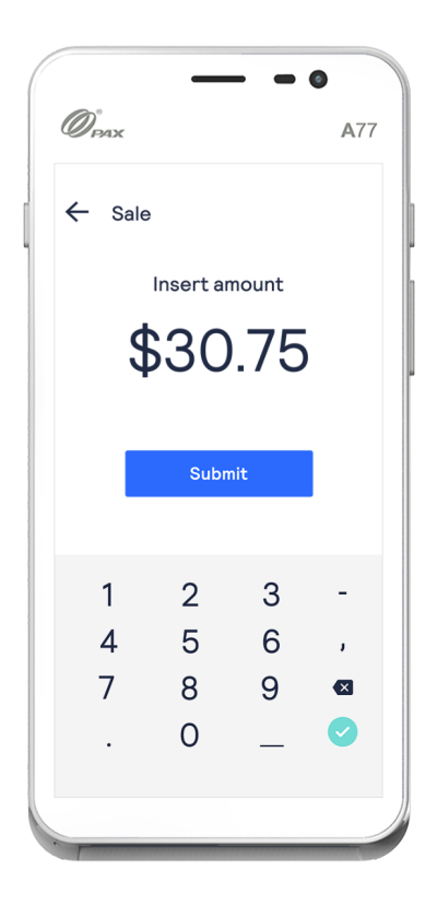 standalone terminal illustration example - a phone with a numeric keypad and the amount to be paid entered on the screen