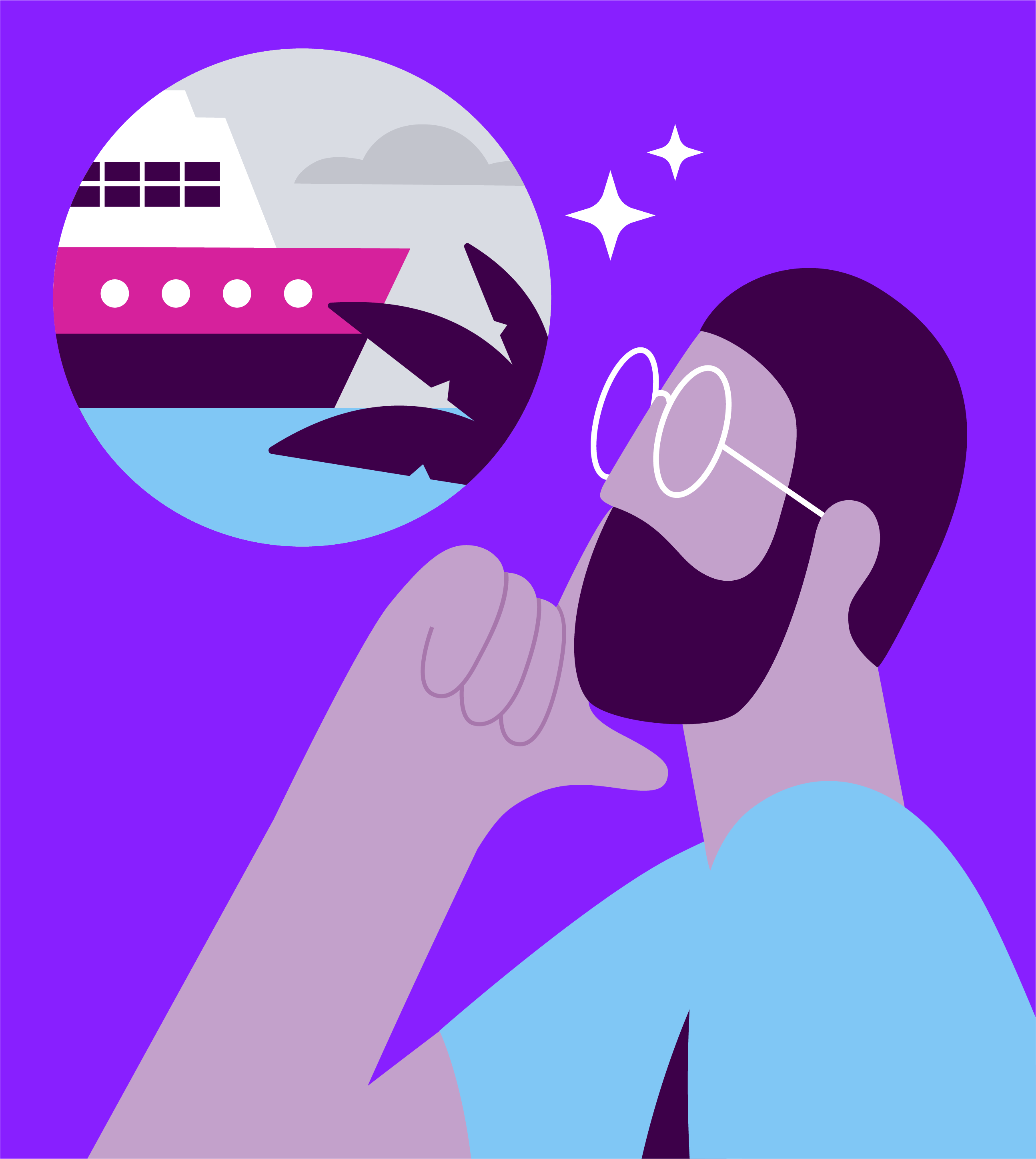 Illustration of a bearded man wearing glasses and looking at an image of a cruise ship