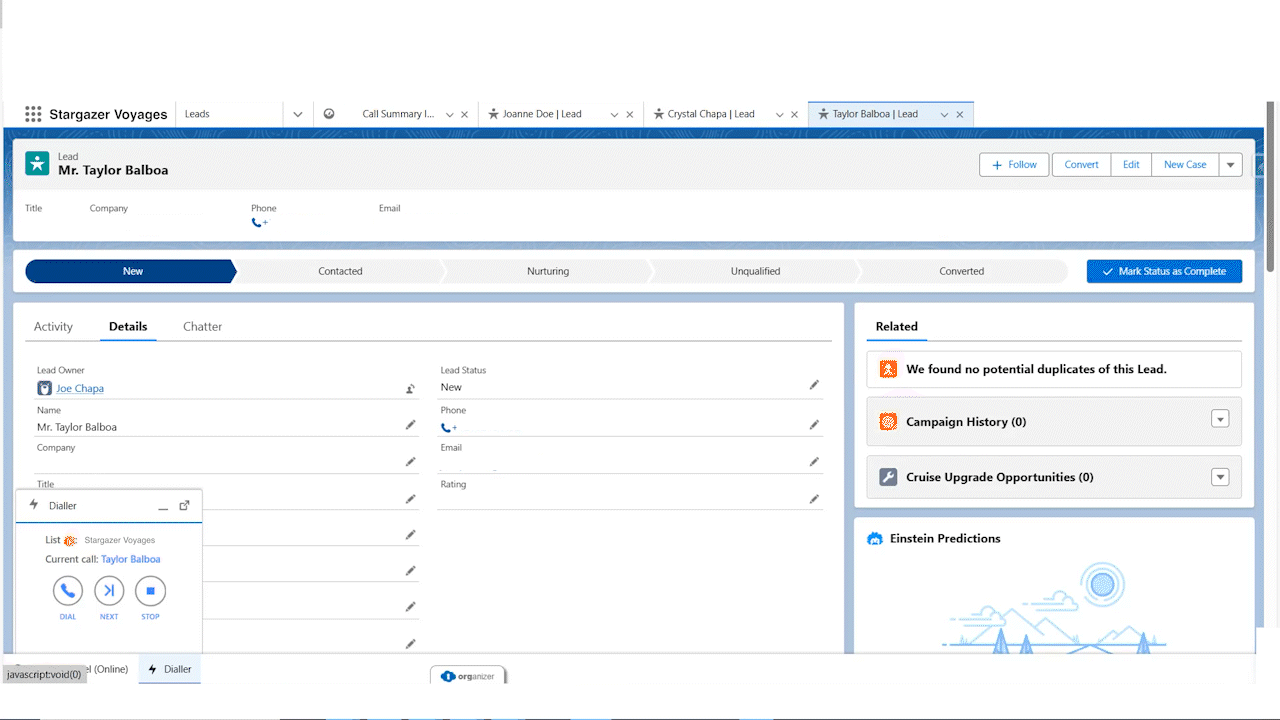 Computer with Salesforce dashboard mocked up for Stargazer Voyages with the embedded dialer