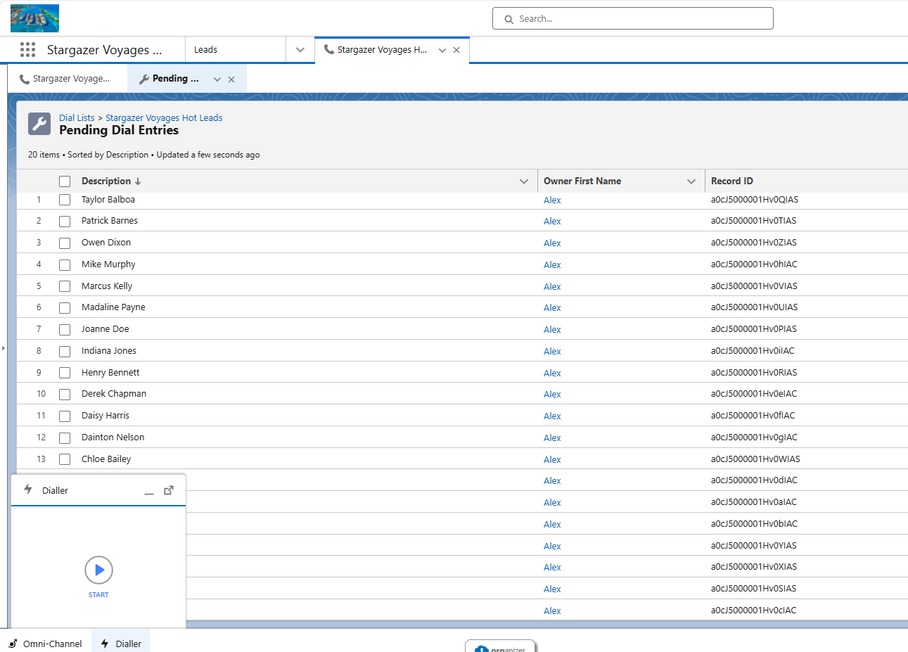 Computer screen showing Salesforce interface with a pop up for the embedded Vonage Connect dialer