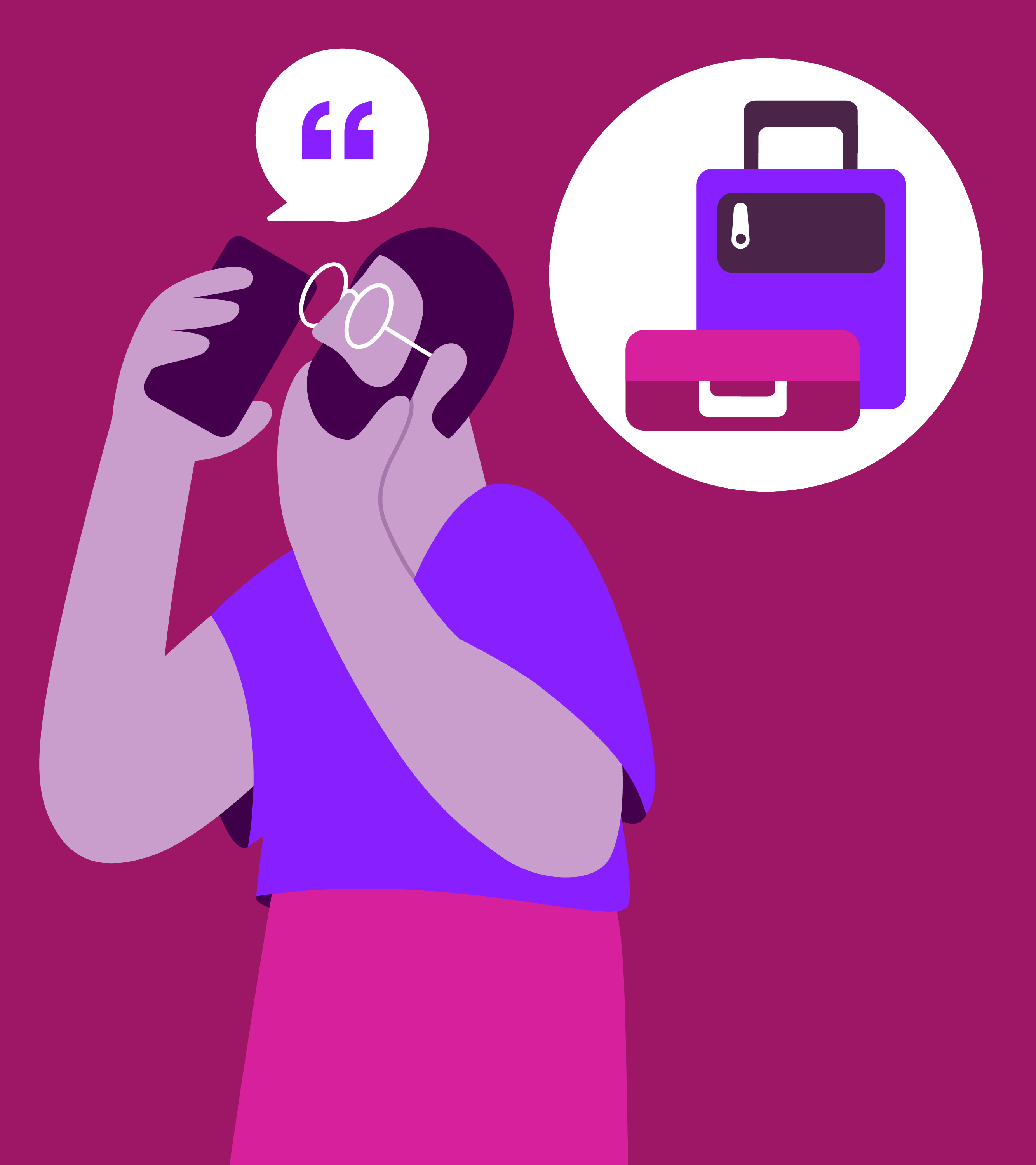 Illustration of a man using a mobile device with a thought bubble overhead featuring an image of luggages