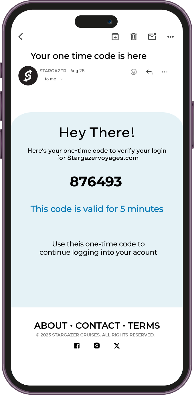 Smartphone displaying an email from Stargazer Voyages with a Two-Factor Authentication code.