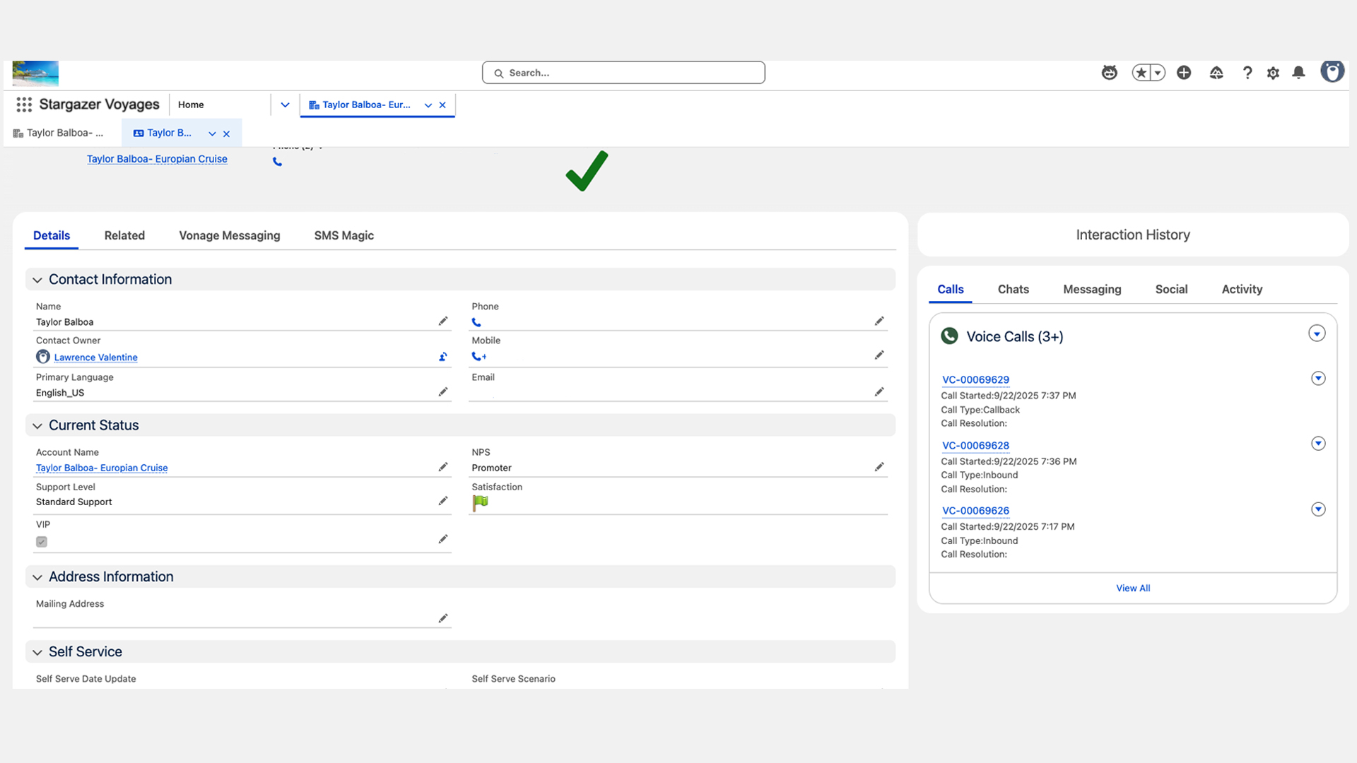 Computer showing with the Salesforce interface mocked for Stargazer Voyages that uses Vonage Contact Center to matching a phone number to an existing Salesforce contact