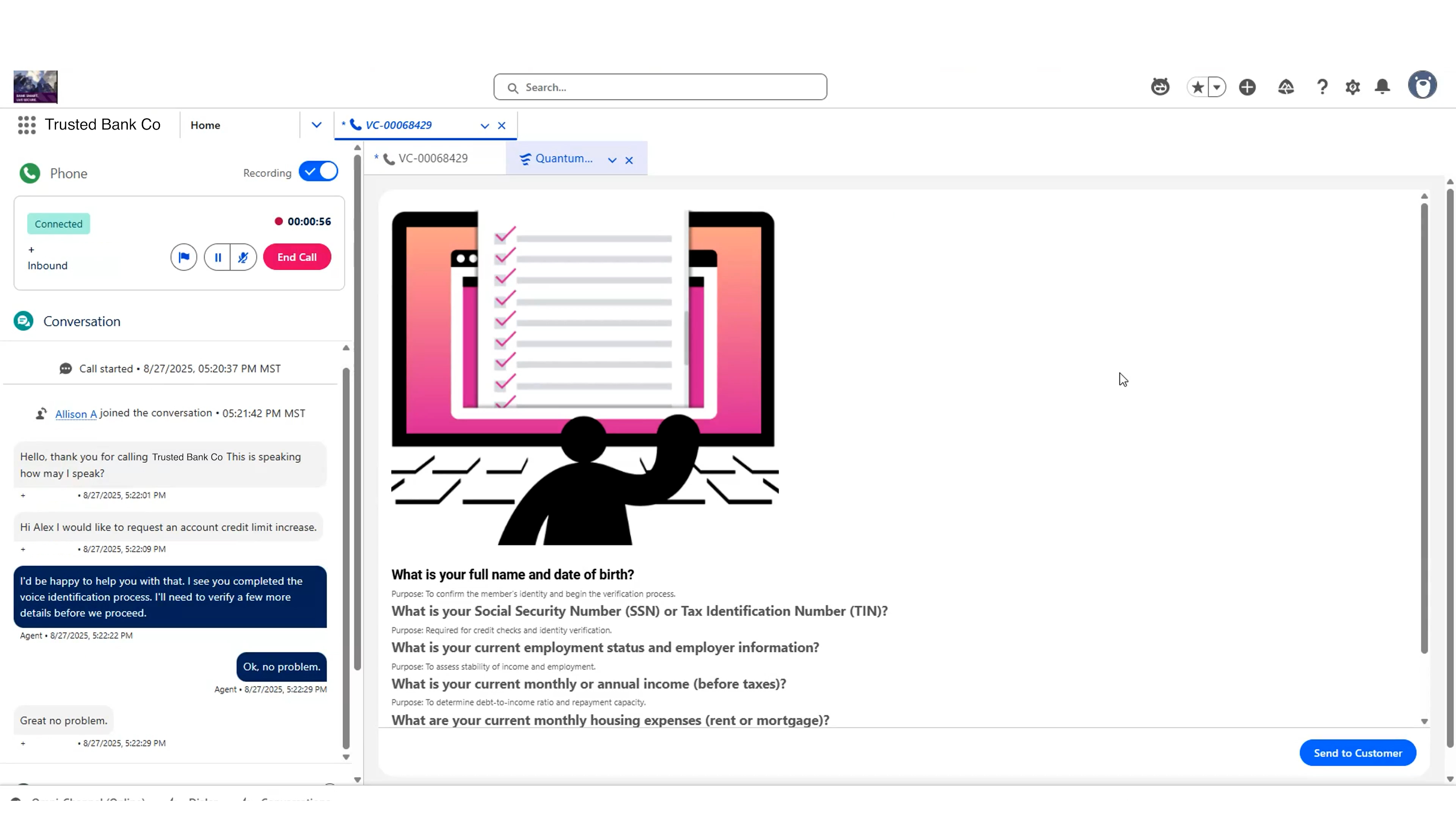 Image of the Vonage Contact Center interface, showing a chat interaction between a Virtual Assistant and a Caller from Trusted Bank Co. and a customer