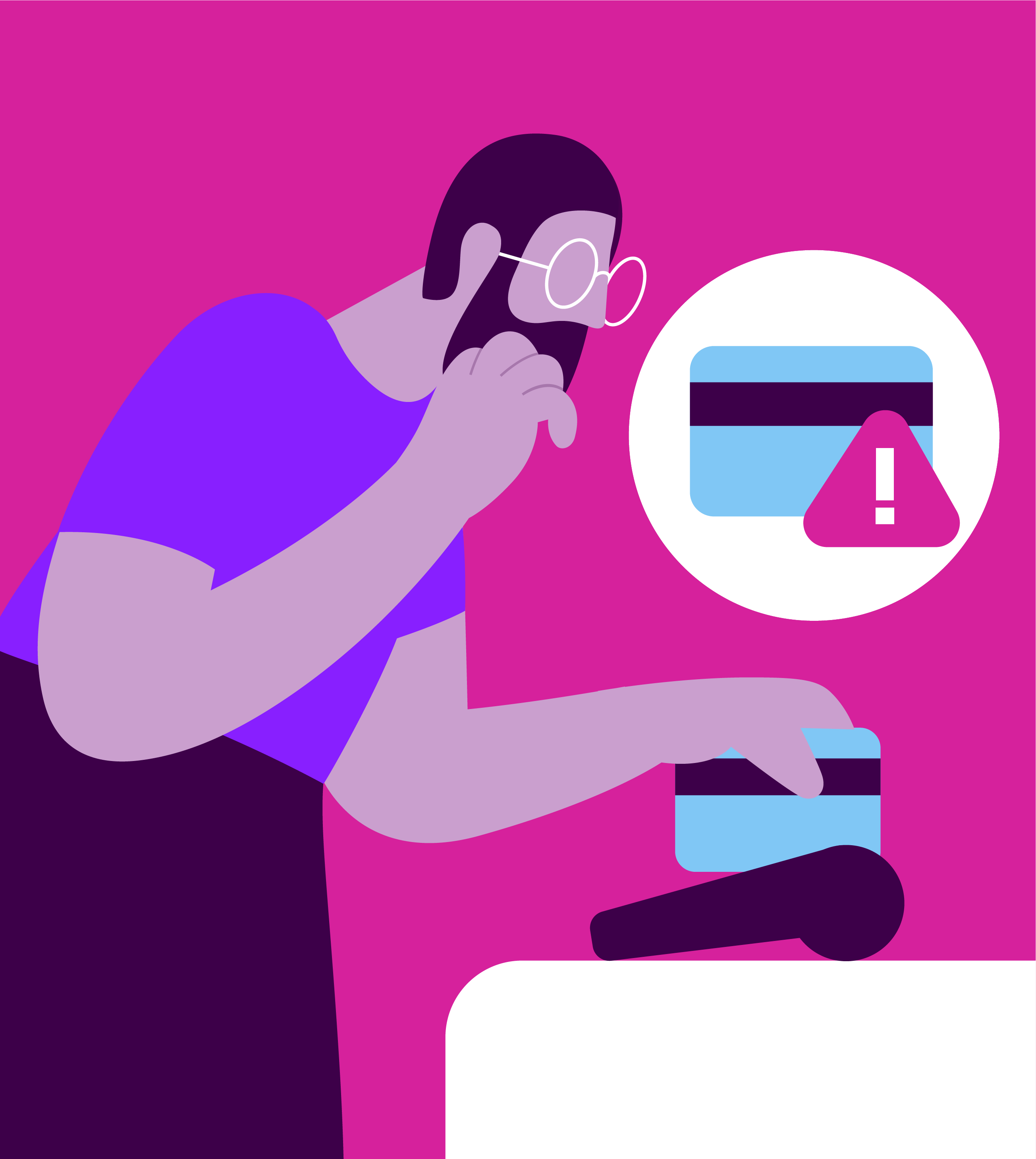 Illustration of bearded man with glasses swiping his credit card through a payment pad, and receiving an alert that there is an issue with the card