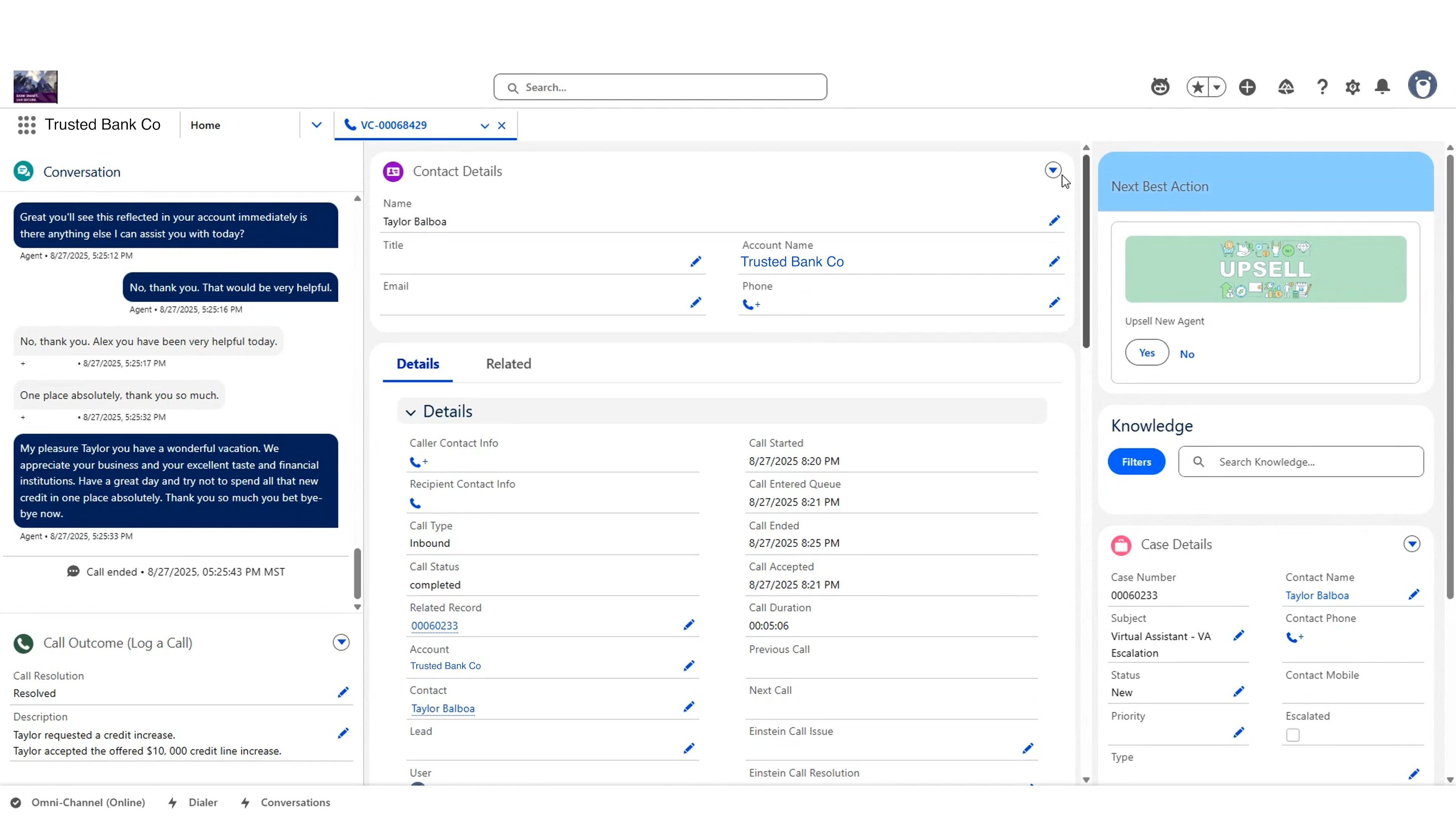 Image of the Vonage Contact Center interface showing for Trusted Bank Co, displaying a conversation between Taylor and the agent