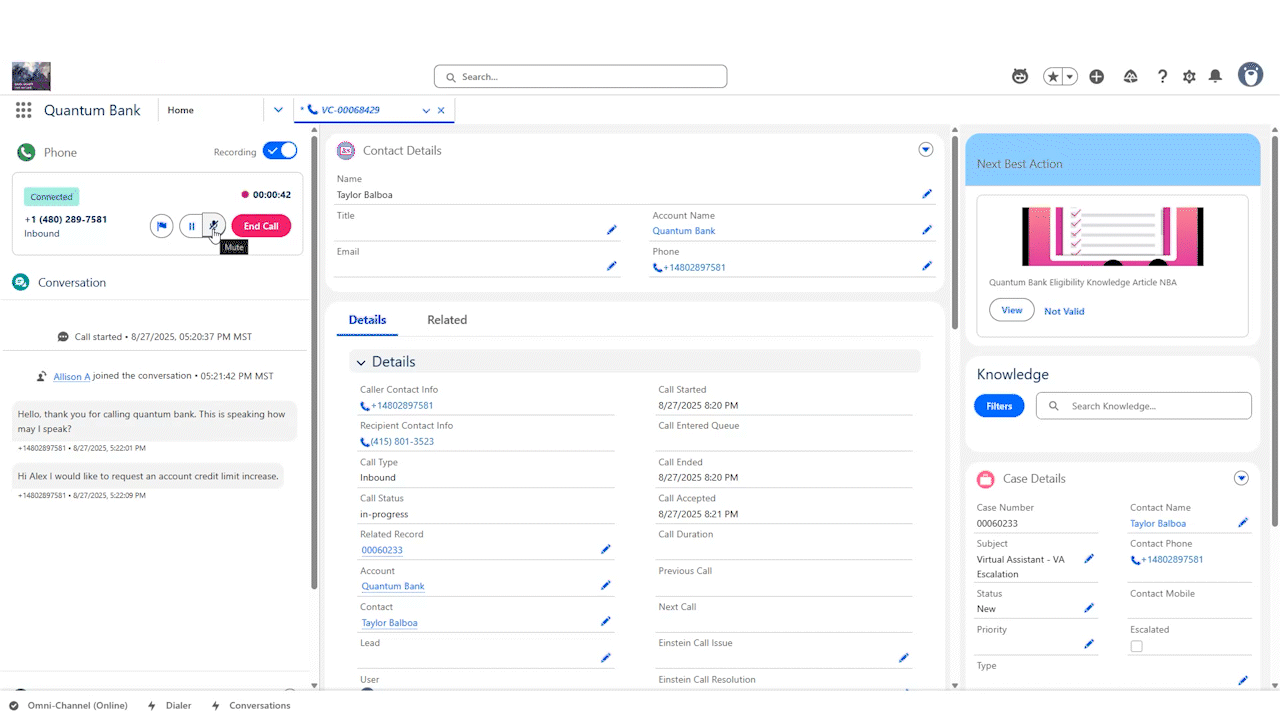 Image of the Vonage Contatct Center interface for Trusted Bank Co. who is calling in for customer service, showing Contact Details and Next Best Actions
