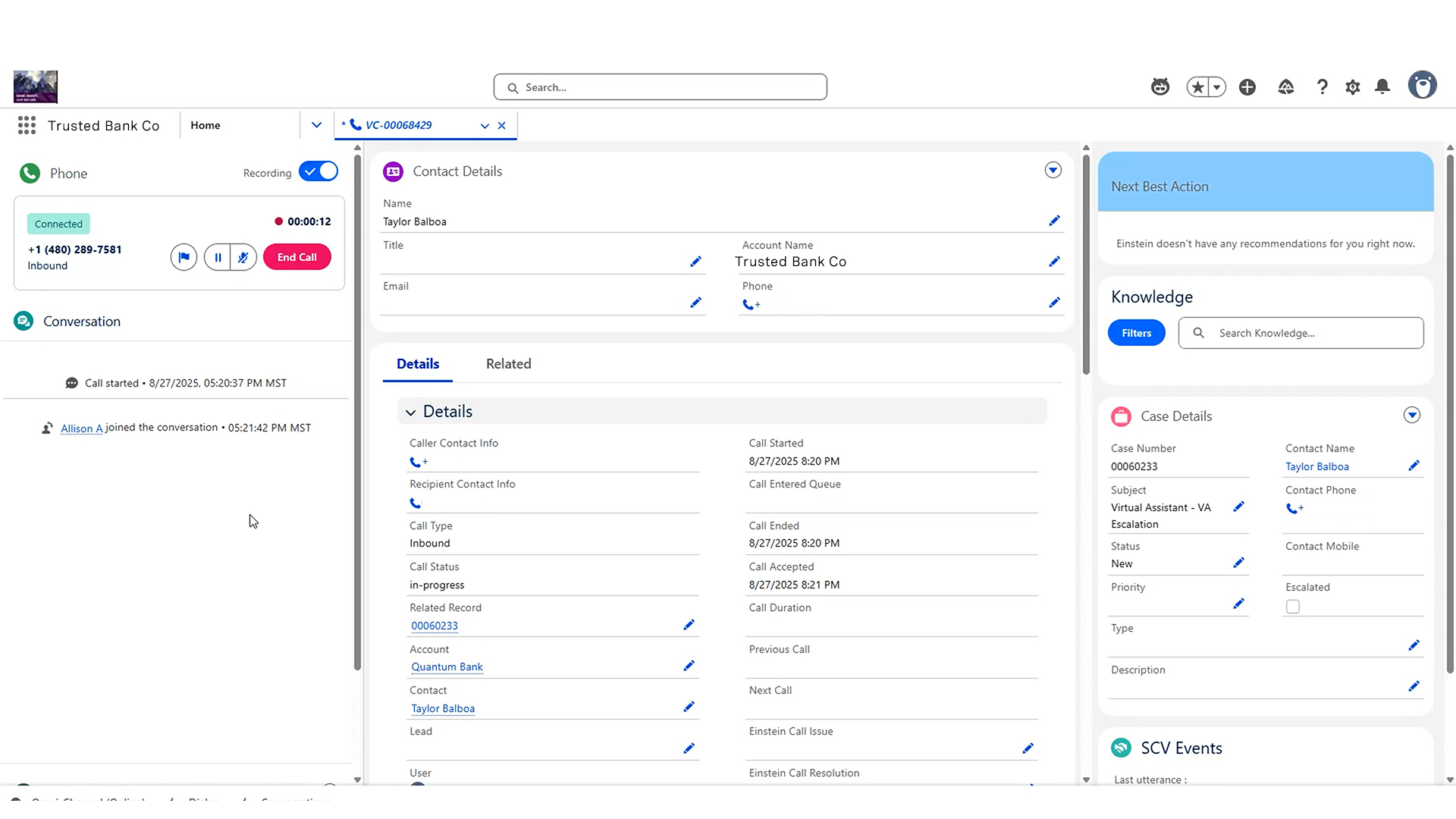 Computer with an image of the Vonage Contact Center interface showing the Contact Details of someone calling into the Trust Bank Co customer service