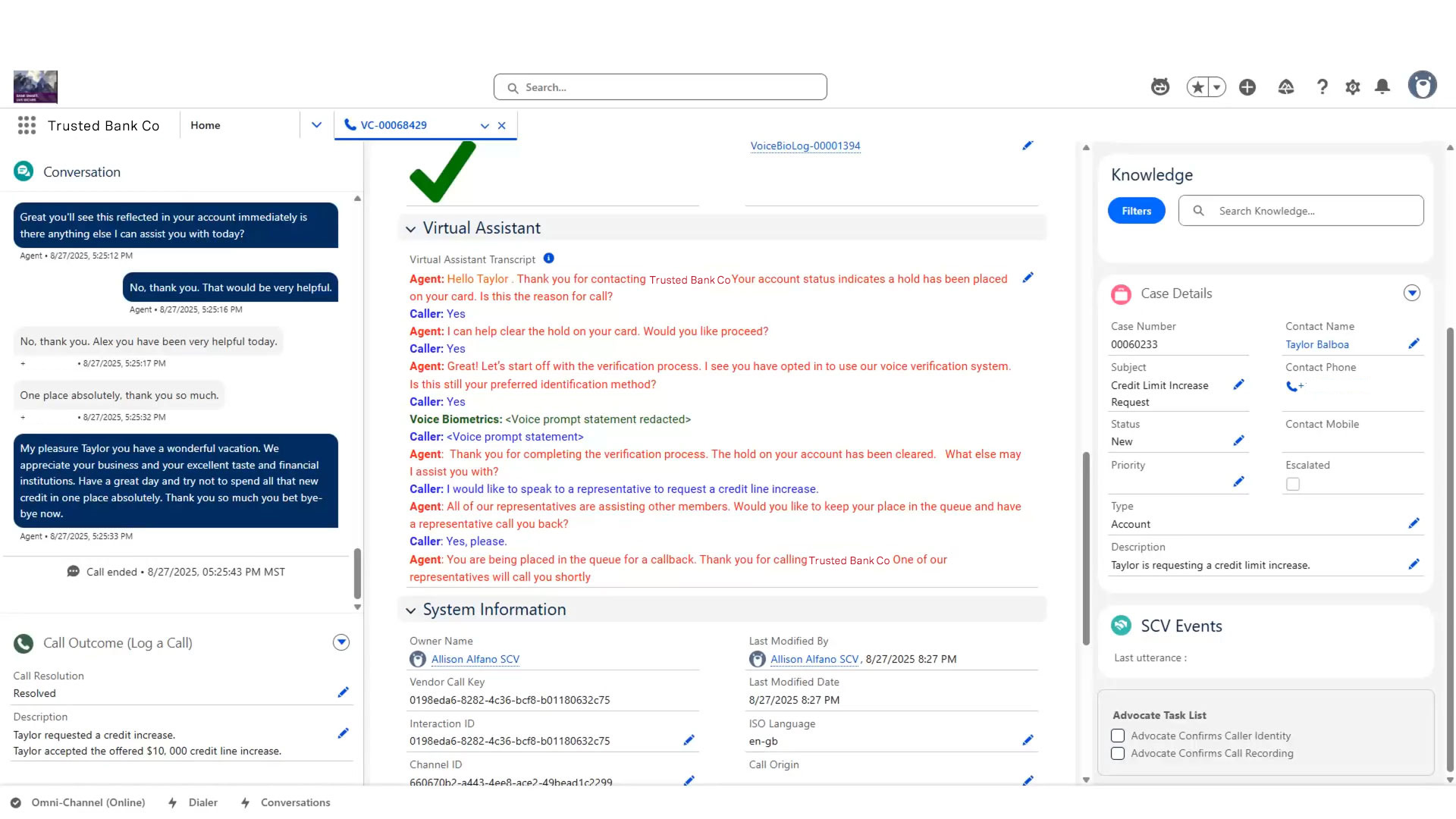 Computer screen with Vonage Contact Center interface, showing an interaction between a Virtual Assistant and a Caller from Trusted Bank Co. including System Details and the Call Outcome